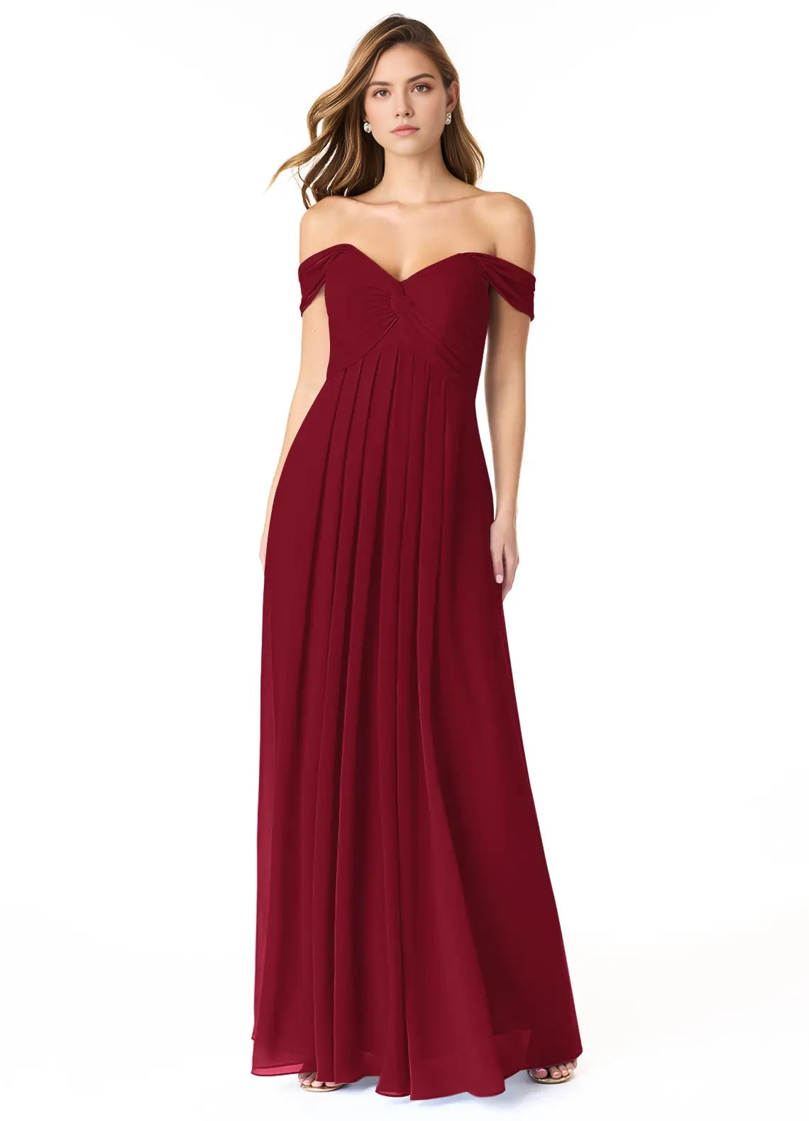 Burgundy Off-Shoulder Maxi Dress with Pleated Skirt Empire Ruched Chiffon Convertible Bridesmaid Dresses