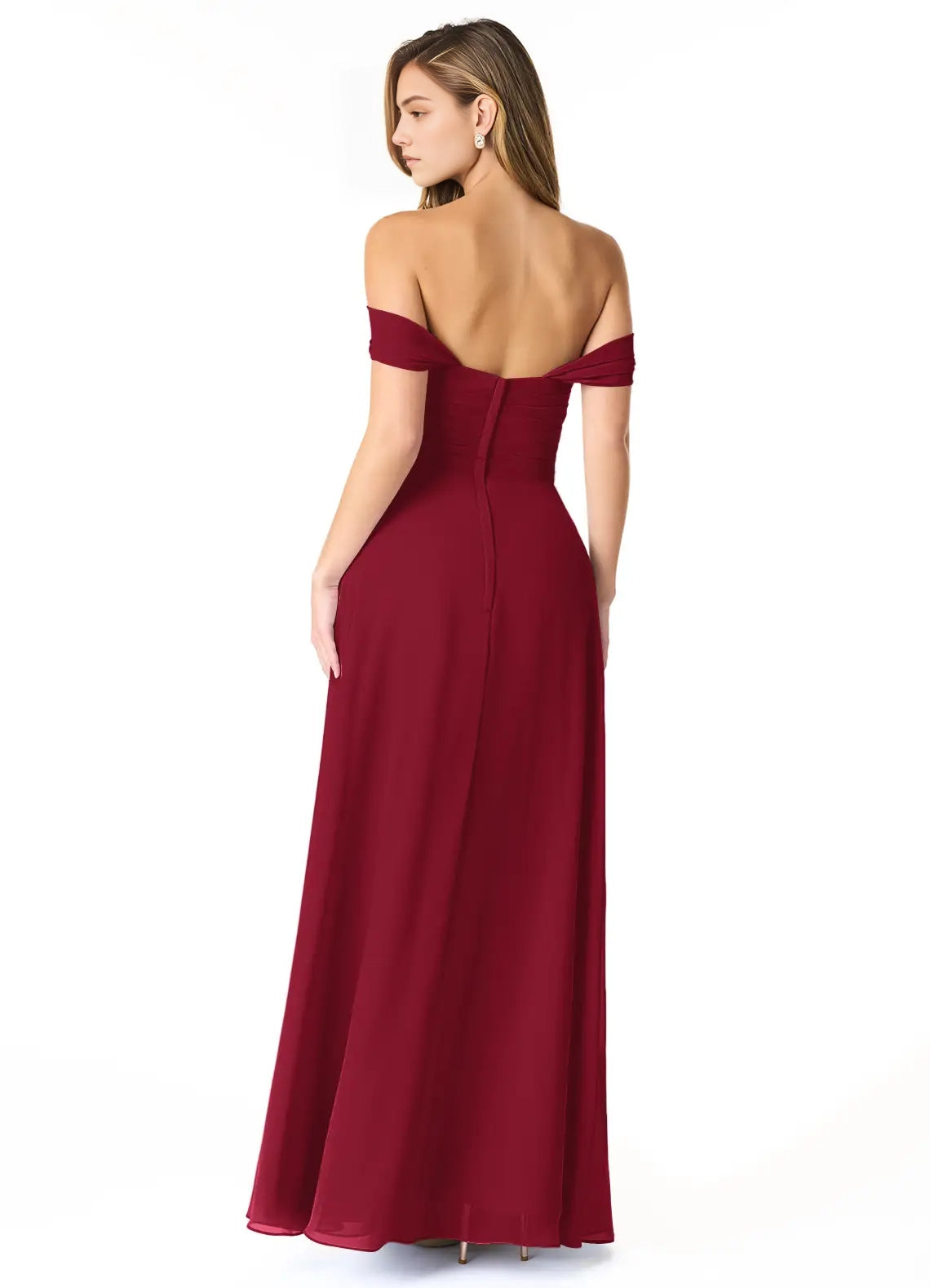 Burgundy Off-Shoulder Maxi Dress with Pleated Skirt Empire Ruched Chiffon Convertible Bridesmaid Dresses