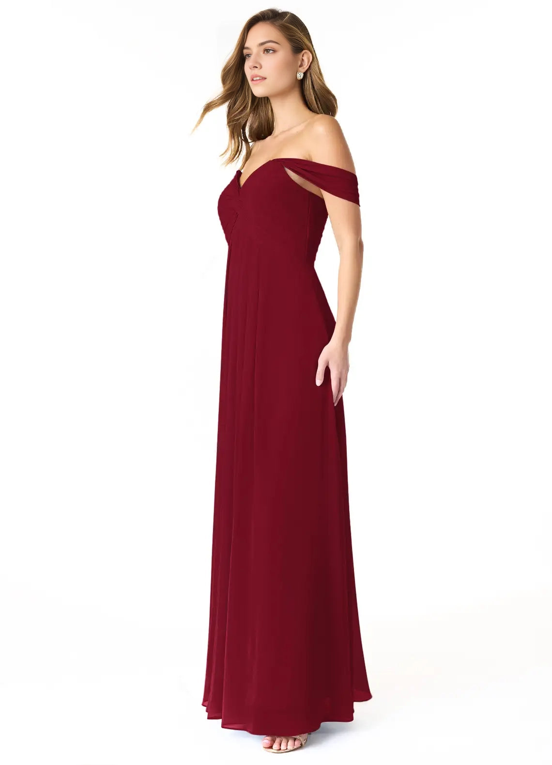 Burgundy Off-Shoulder Maxi Dress with Pleated Skirt Empire Ruched Chiffon Convertible Bridesmaid Dresses