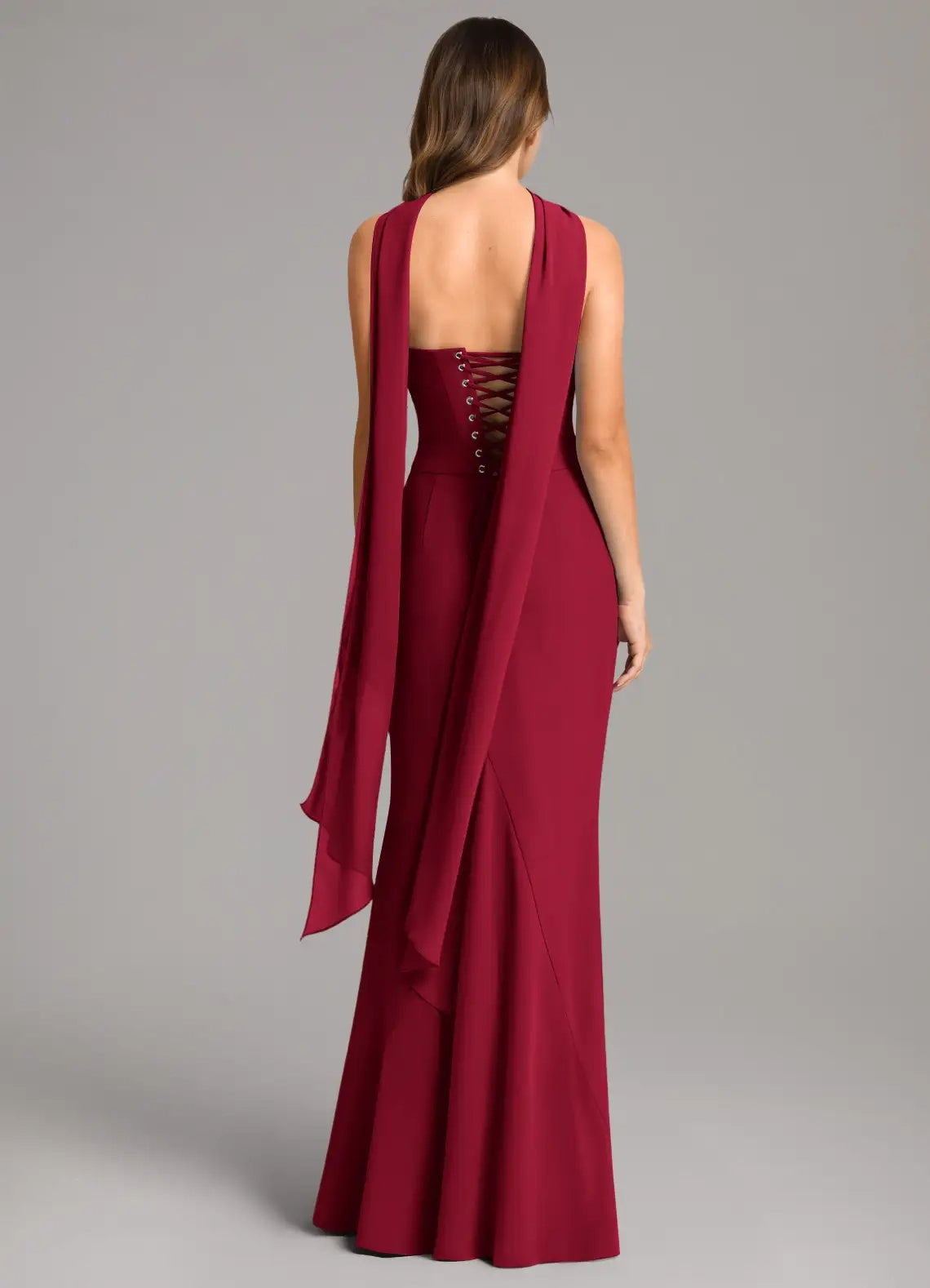 Burgundy One-Shoulder Maxi Dress with Draped Scarf and Corset Back Mermaid Corset Chiffon Dress Bridesmaid Dresses