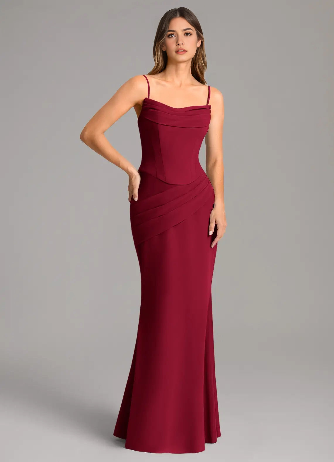 Burgundy One-Shoulder Maxi Dress with Draped Scarf and Corset Back Mermaid Corset Chiffon Dress Bridesmaid Dresses