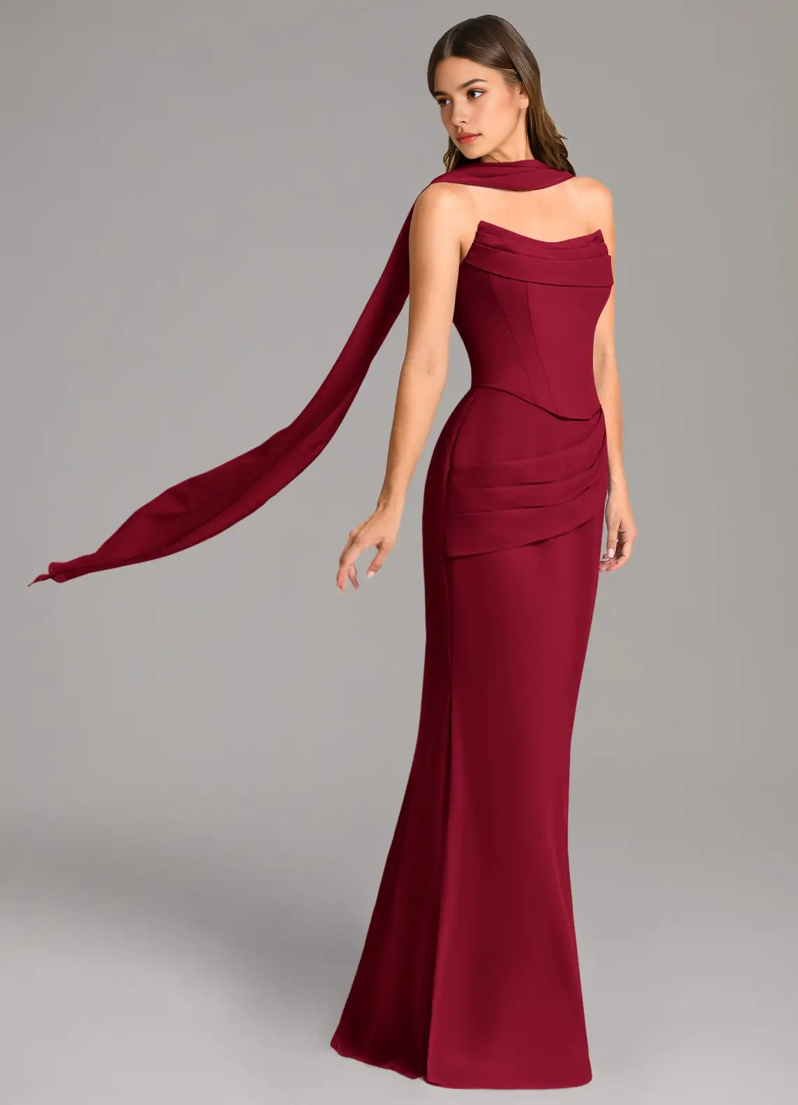 Burgundy One-Shoulder Maxi Dress with Draped Scarf and Corset Back Mermaid Corset Chiffon Dress Bridesmaid Dresses