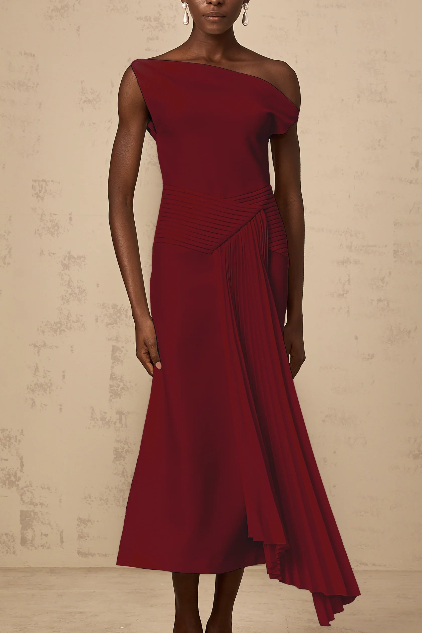 Burgundy One - Shoulder Midi Dress with Pleated Detail Laurine asymmetrical draped midi dress in Burgundy Evening Dress