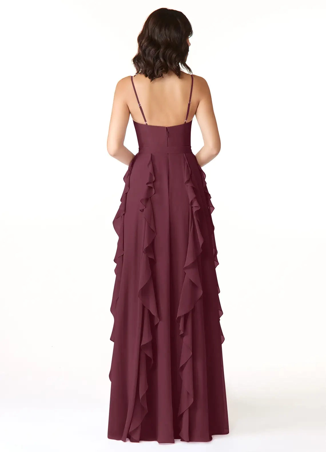 Burgundy Ruffled Spaghetti Strap Maxi Dress with Side Slit Cabernet A-Line Ruched Chiffon Dress Bridesmaid Dresses