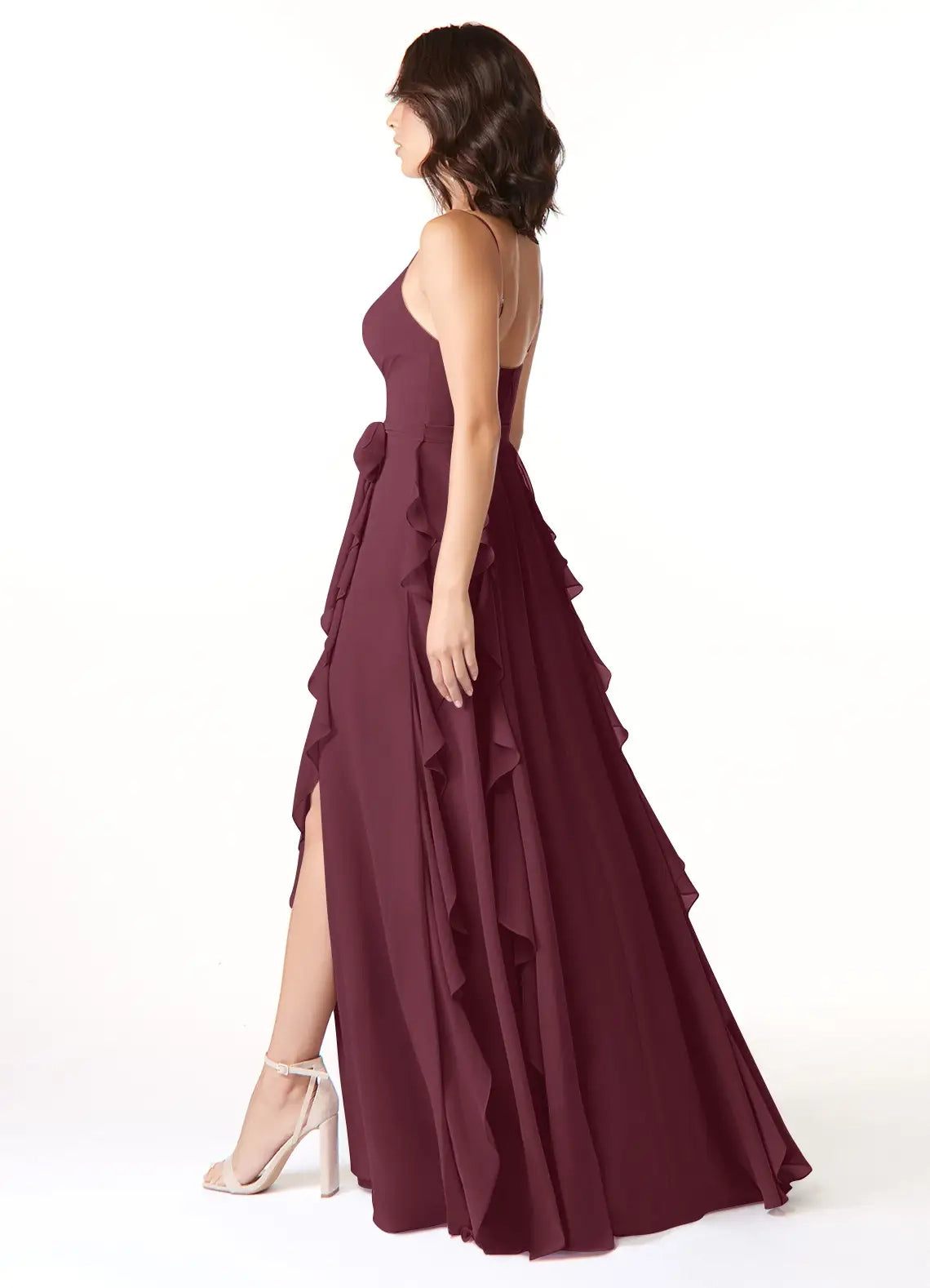 Burgundy Ruffled Spaghetti Strap Maxi Dress with Side Slit Cabernet A-Line Ruched Chiffon Dress Bridesmaid Dresses