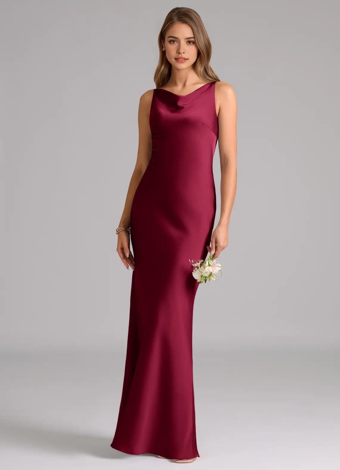 Burgundy Satin Cowl Neck Maxi Dress Mermaid Stretch Satin Dress Bridesmaid Dresses