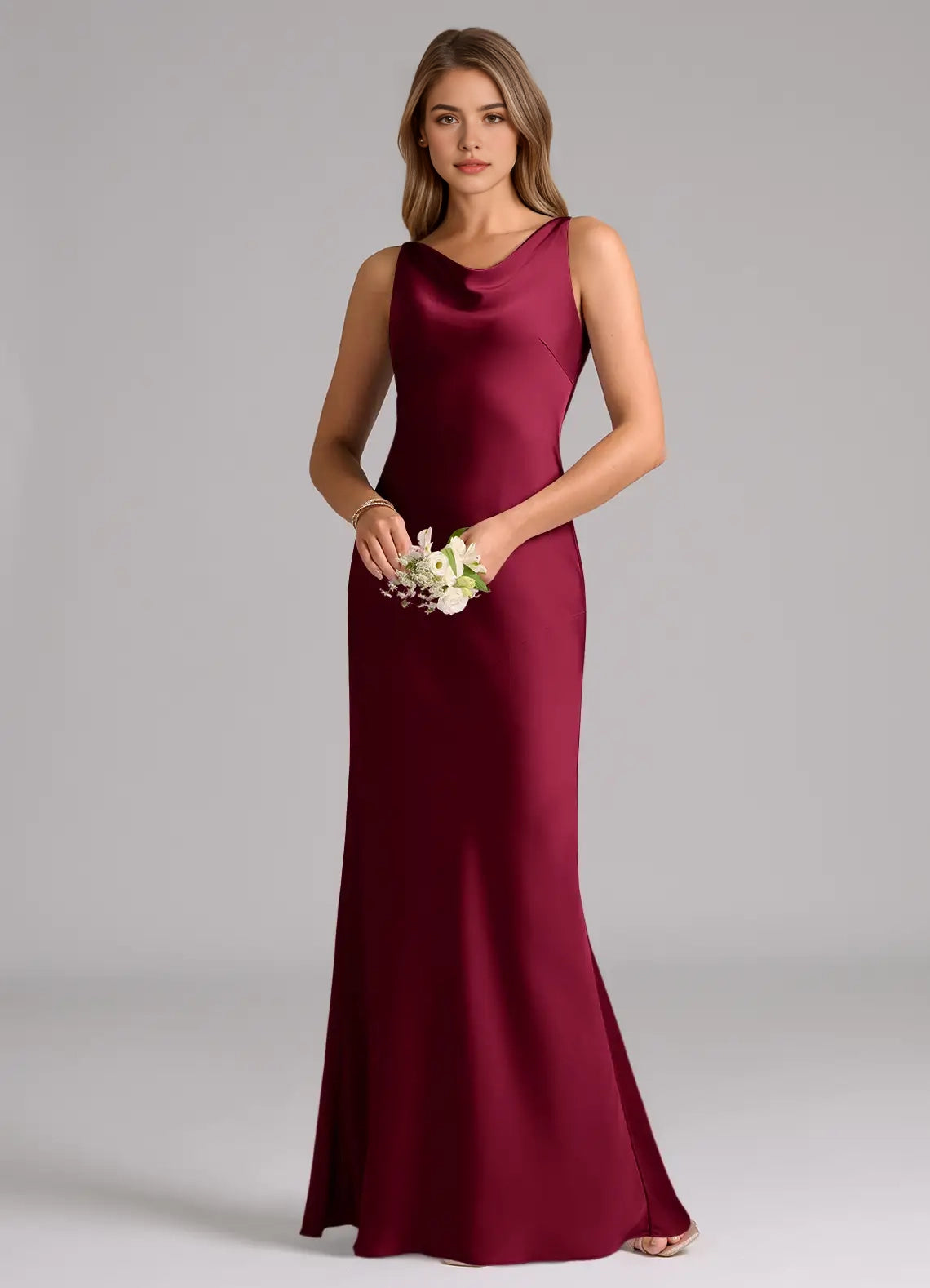 Burgundy Satin Cowl Neck Maxi Dress Mermaid Stretch Satin Dress Bridesmaid Dresses