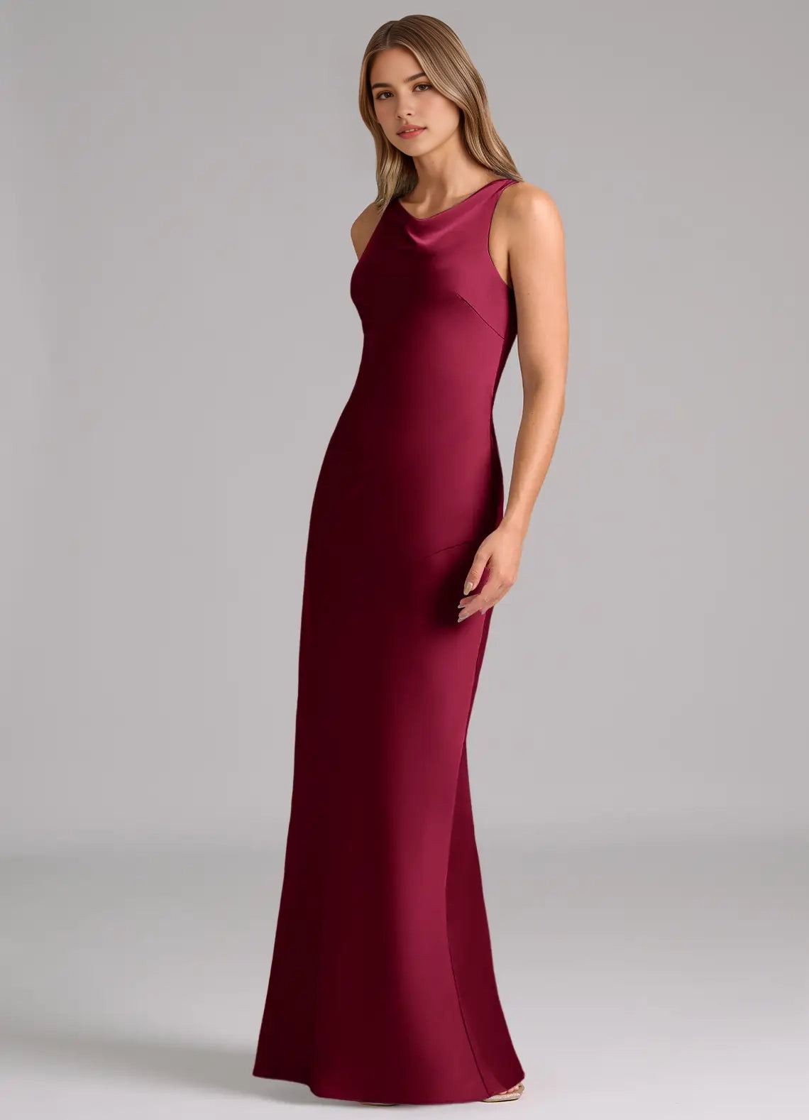 Burgundy Satin Cowl Neck Maxi Dress Mermaid Stretch Satin Dress Bridesmaid Dresses