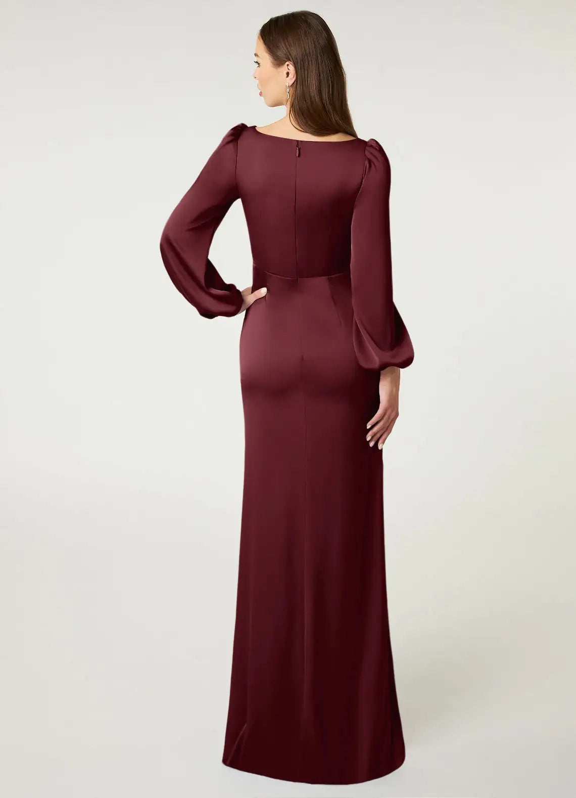 Burgundy Satin Long Sleeve Maxi Dress with Side Slit  Cabernet Sheath Long Sleeve Stretch Satin Dress Bridesmaid Dresses