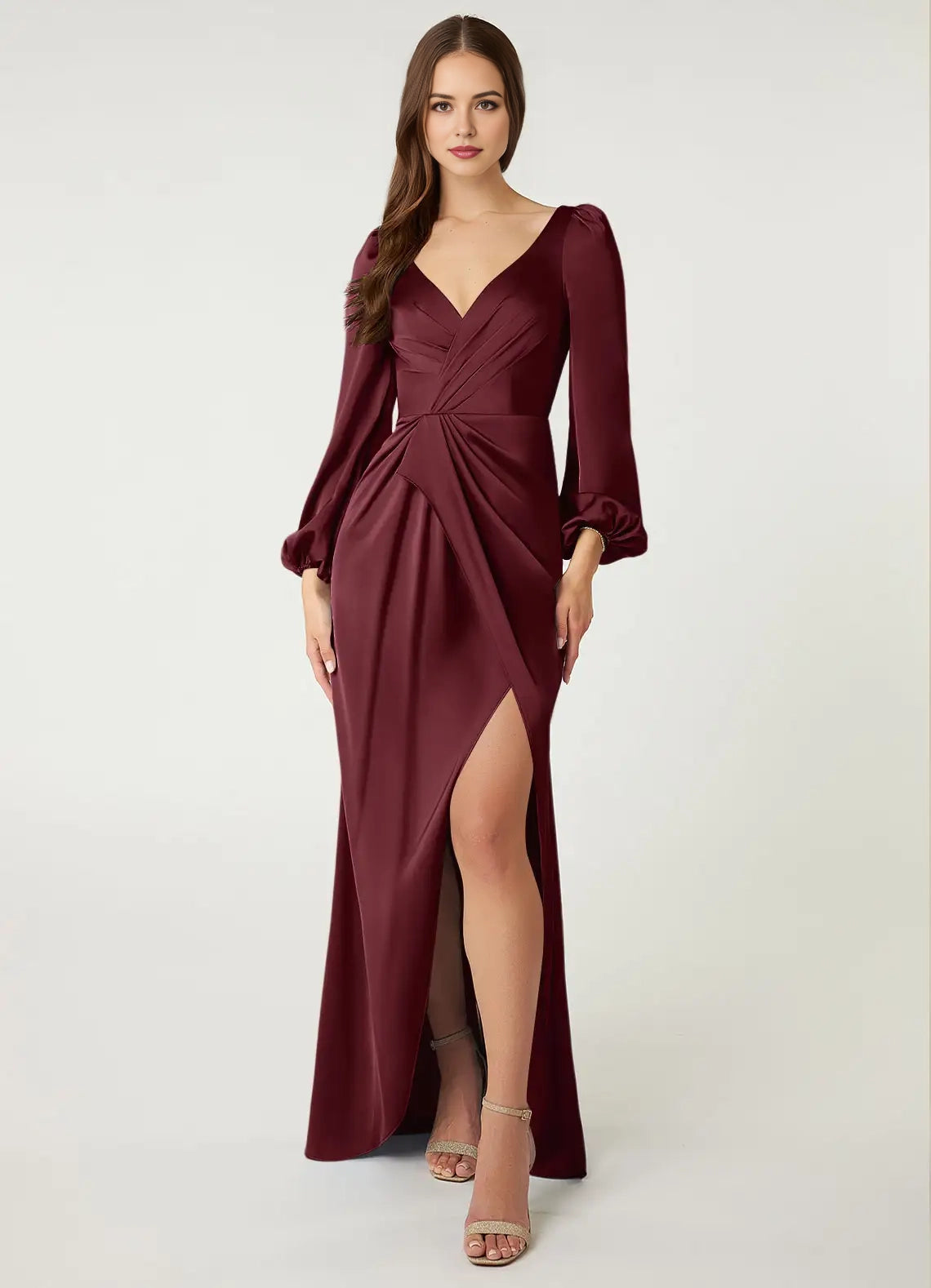Burgundy Satin Long Sleeve Maxi Dress with Side Slit  Cabernet Sheath Long Sleeve Stretch Satin Dress Bridesmaid Dresses