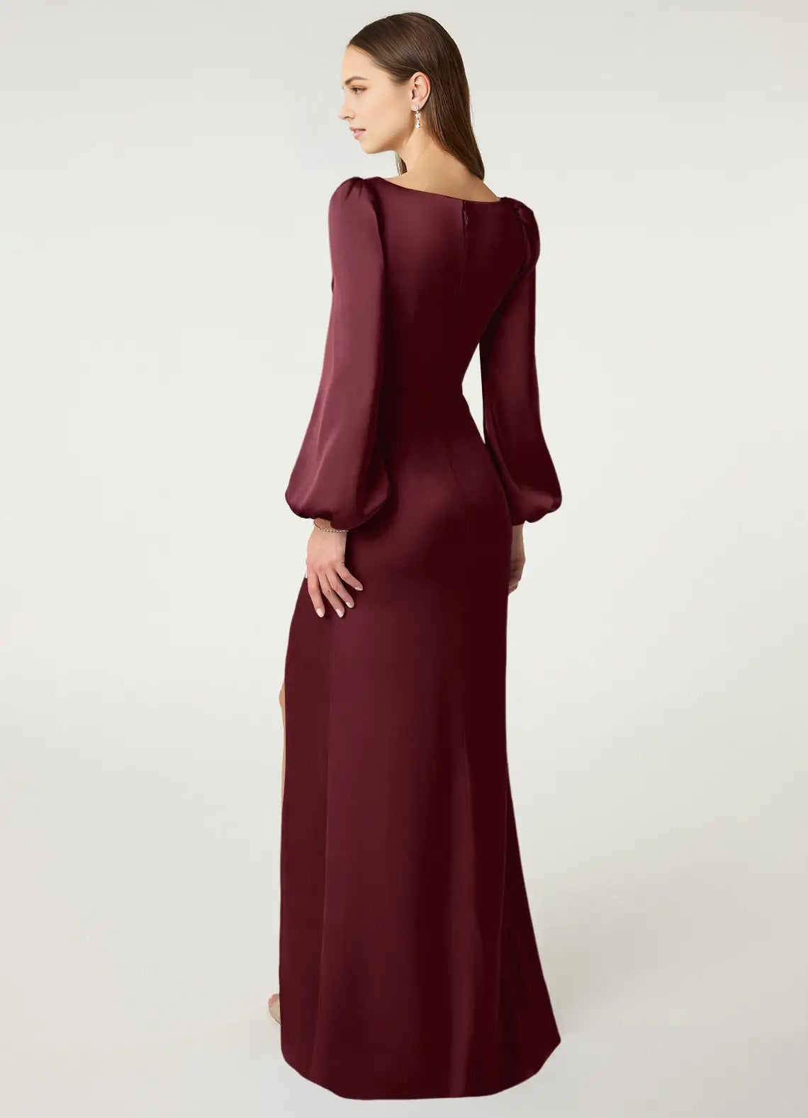 Burgundy Satin Long Sleeve Maxi Dress with Side Slit  Cabernet Sheath Long Sleeve Stretch Satin Dress Bridesmaid Dresses