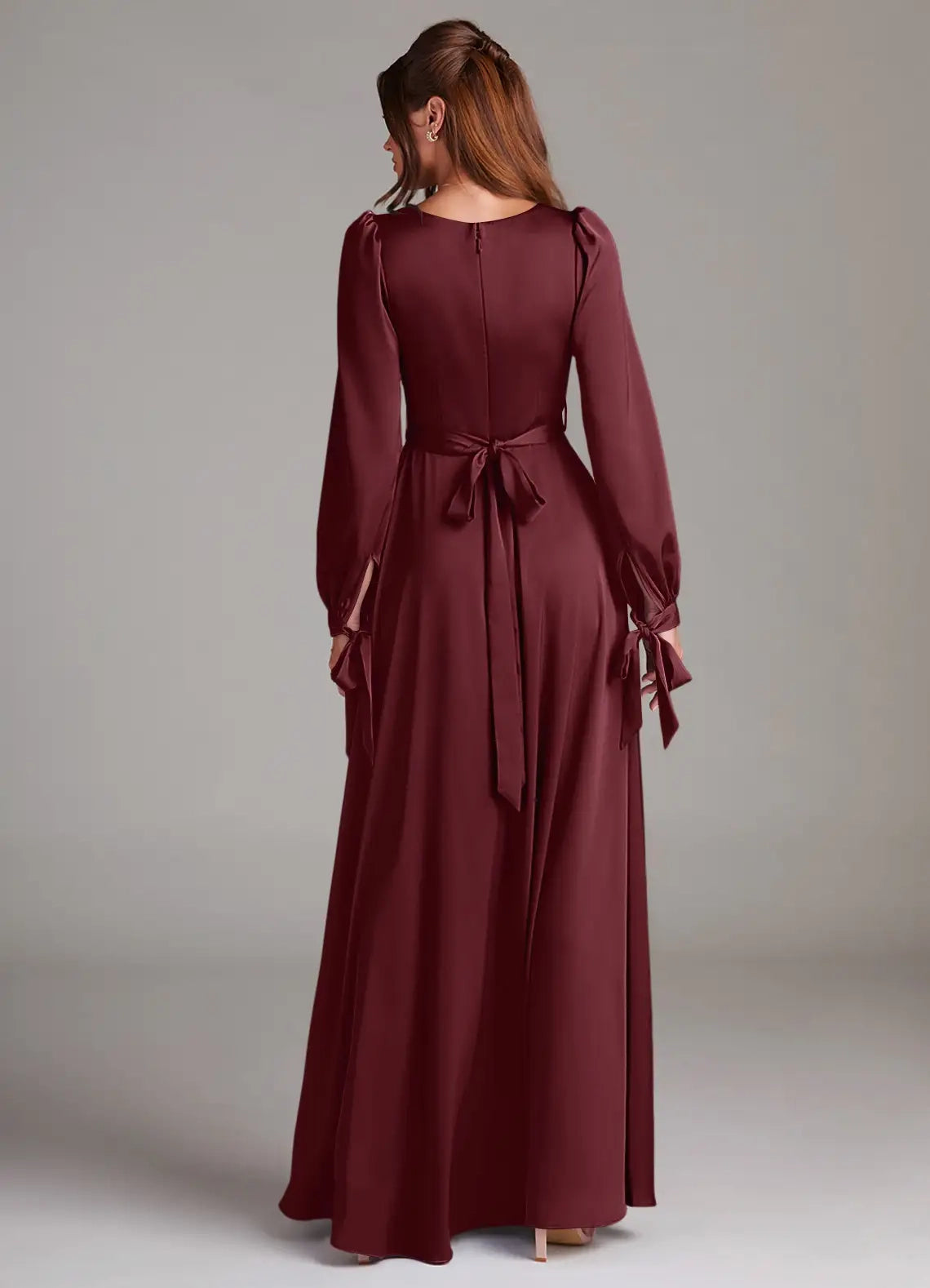 Burgundy Satin Square Neck Long Sleeve Maxi Dress with Side Slit and Back  A-Line Long Sleeve Stretch Satin Dress  Bridesmaid Dresses