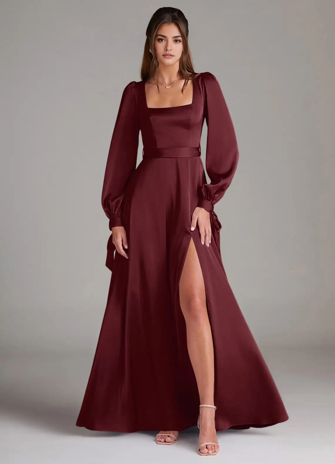 Burgundy Satin Square Neck Long Sleeve Maxi Dress with Side Slit and Back  A-Line Long Sleeve Stretch Satin Dress  Bridesmaid Dresses