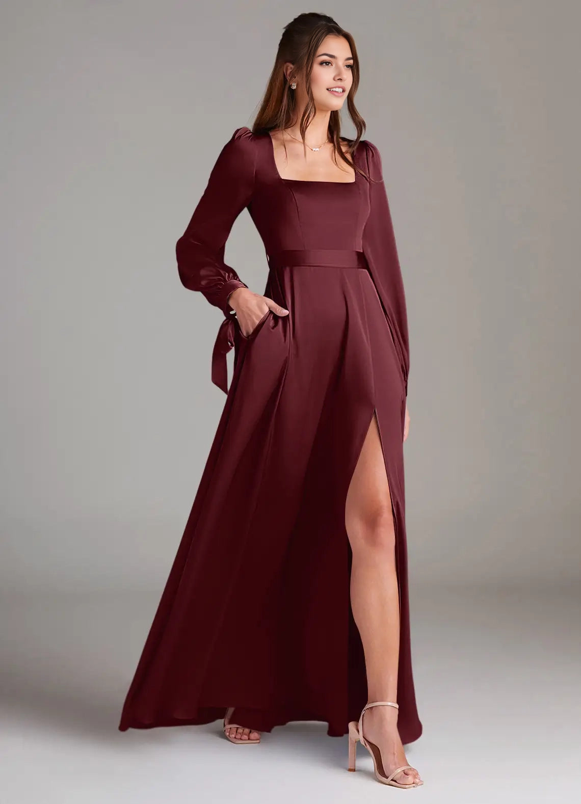 Burgundy Satin Square Neck Long Sleeve Maxi Dress with Side Slit and Back  A-Line Long Sleeve Stretch Satin Dress  Bridesmaid Dresses