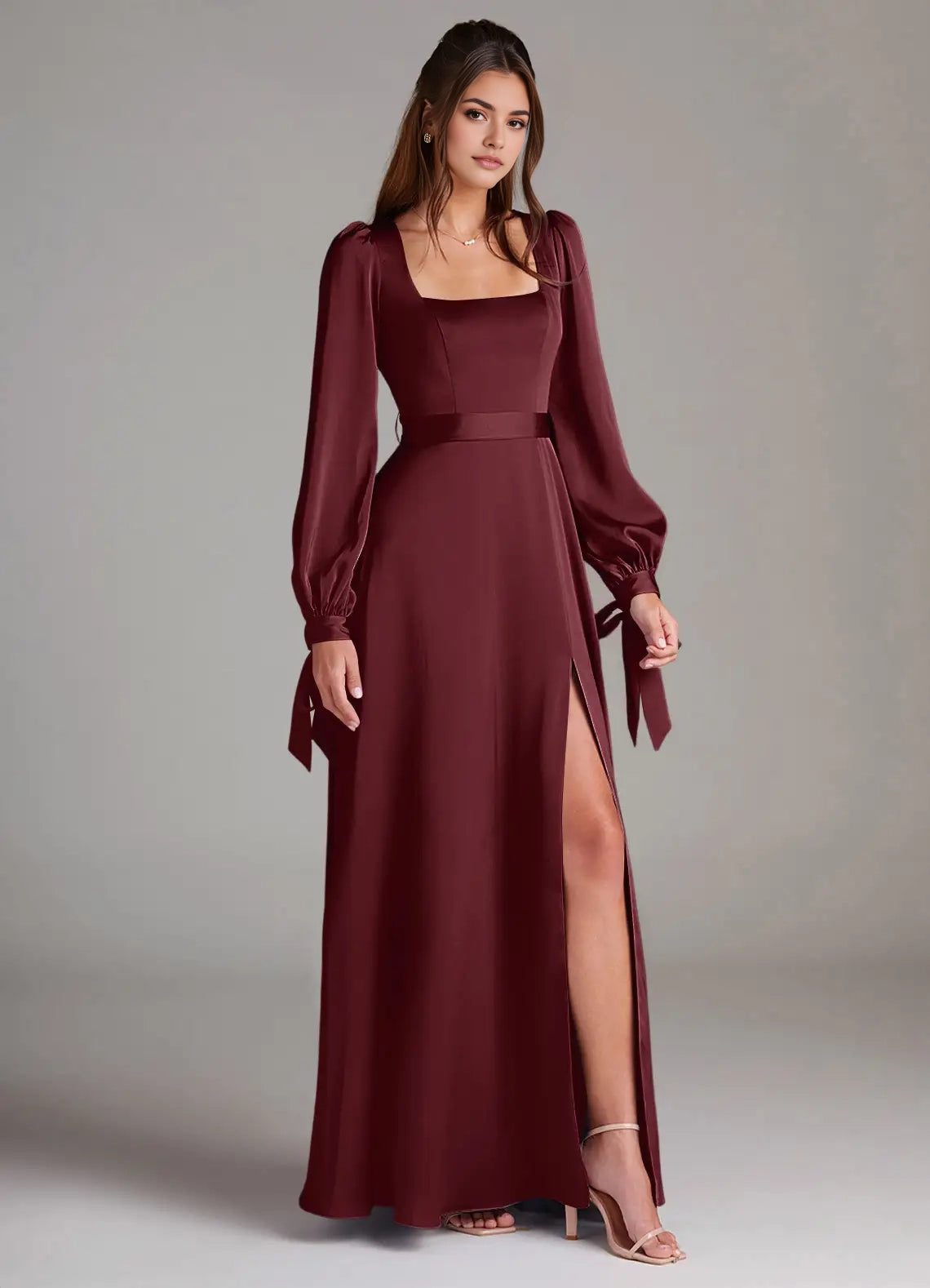 Burgundy Satin Square Neck Long Sleeve Maxi Dress with Side Slit and Back  A-Line Long Sleeve Stretch Satin Dress  Bridesmaid Dresses