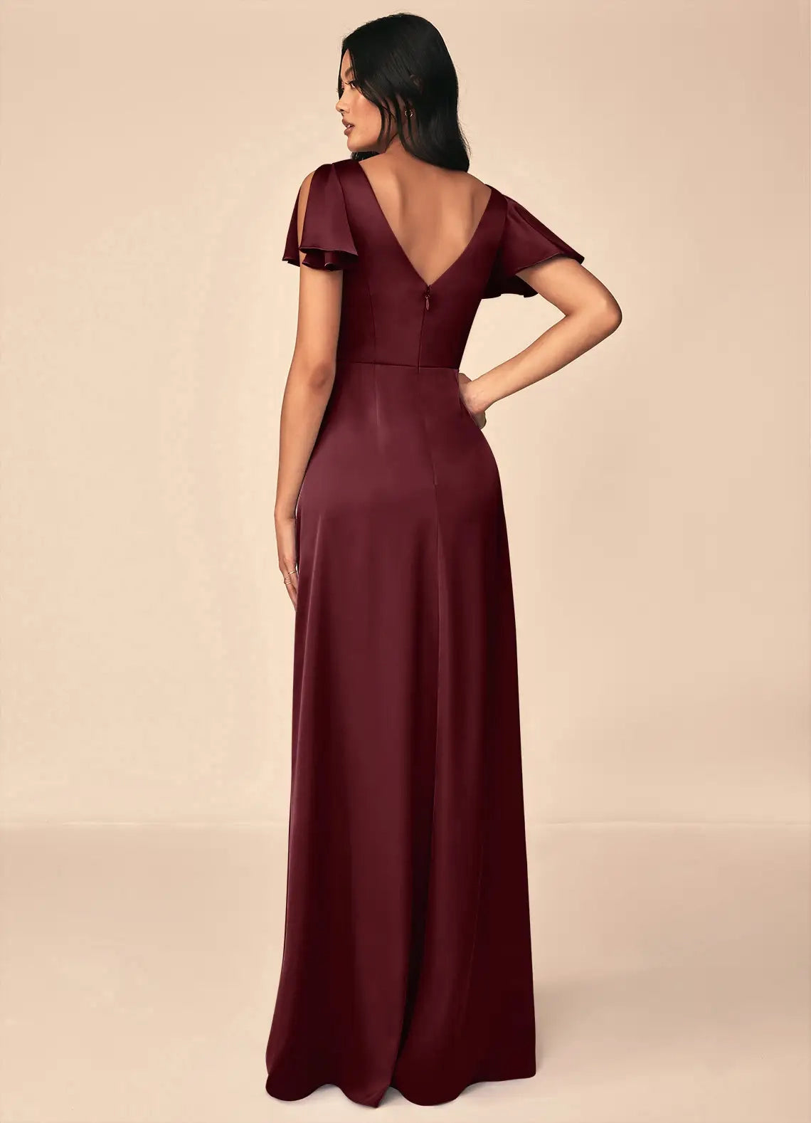 Burgundy Satin V-Neck Maxi Dress with Flutter Sleeves A-Line Pleated Stretch Satin Dress Bridesmaid Dresses