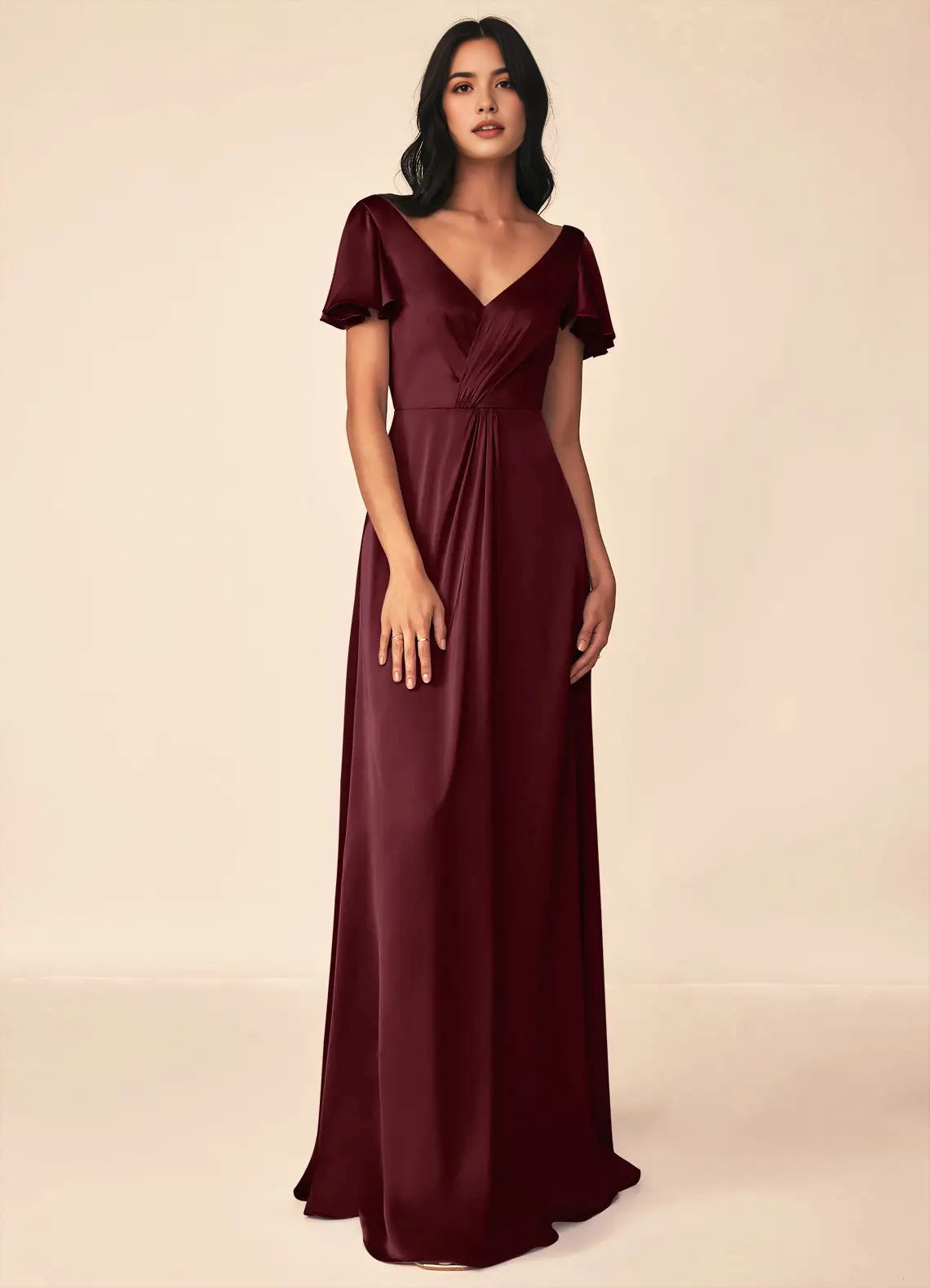Burgundy Satin V-Neck Maxi Dress with Flutter Sleeves A-Line Pleated Stretch Satin Dress Bridesmaid Dresses
