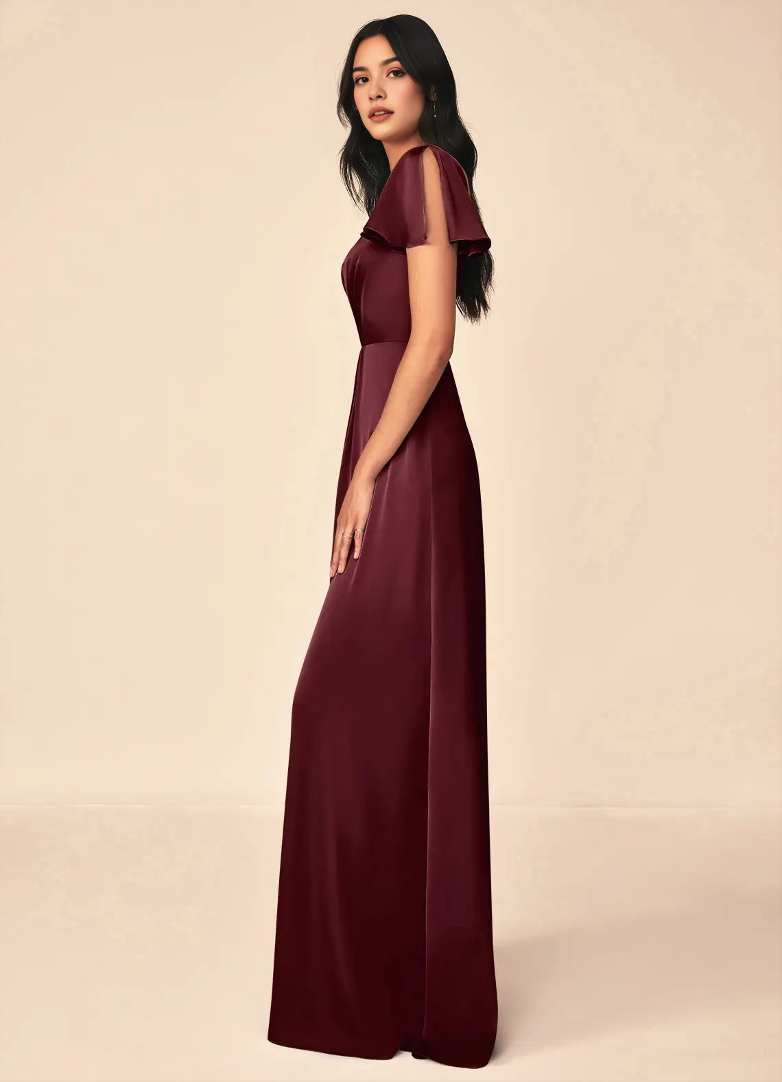 Burgundy Satin V-Neck Maxi Dress with Flutter Sleeves A-Line Pleated Stretch Satin Dress Bridesmaid Dresses
