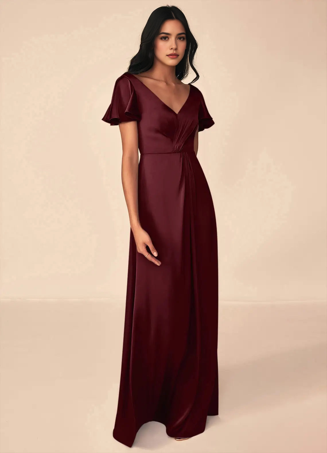 Burgundy Satin V-Neck Maxi Dress with Flutter Sleeves A-Line Pleated Stretch Satin Dress Bridesmaid Dresses