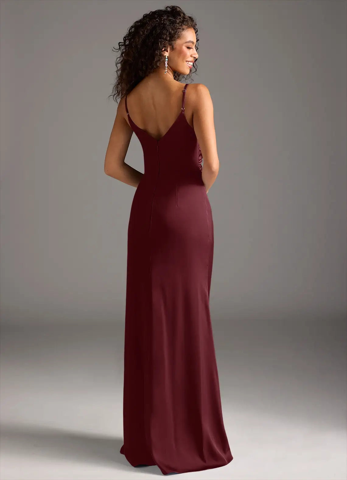 Burgundy Spaghetti Strap Maxi Dress with Side Slit and Ruched Detail Cabernet Mermaid Pleated Stretch Satin Dress Bridesmaid Dresses