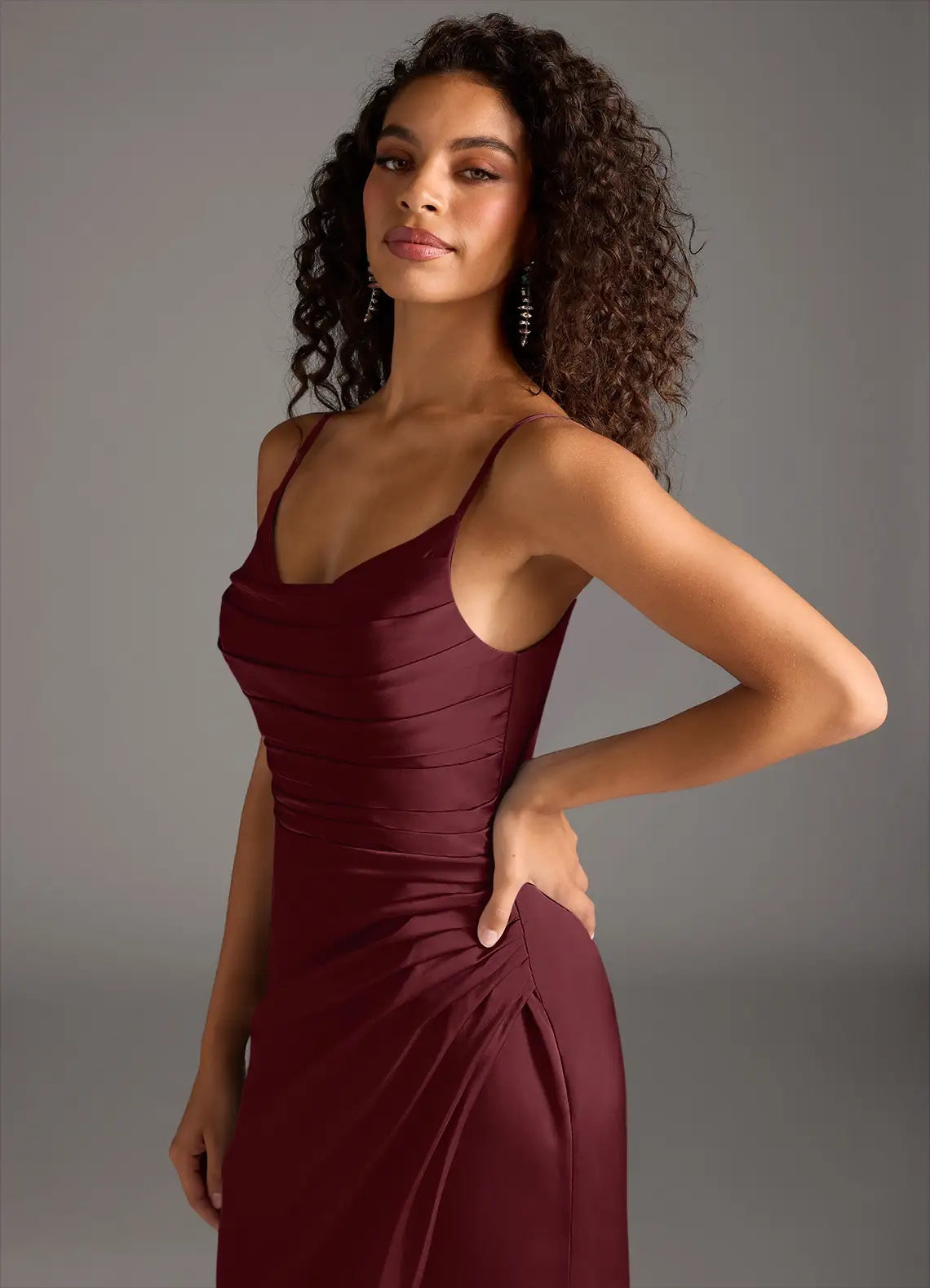 Burgundy Spaghetti Strap Maxi Dress with Side Slit and Ruched Detail Cabernet Mermaid Pleated Stretch Satin Dress Bridesmaid Dresses