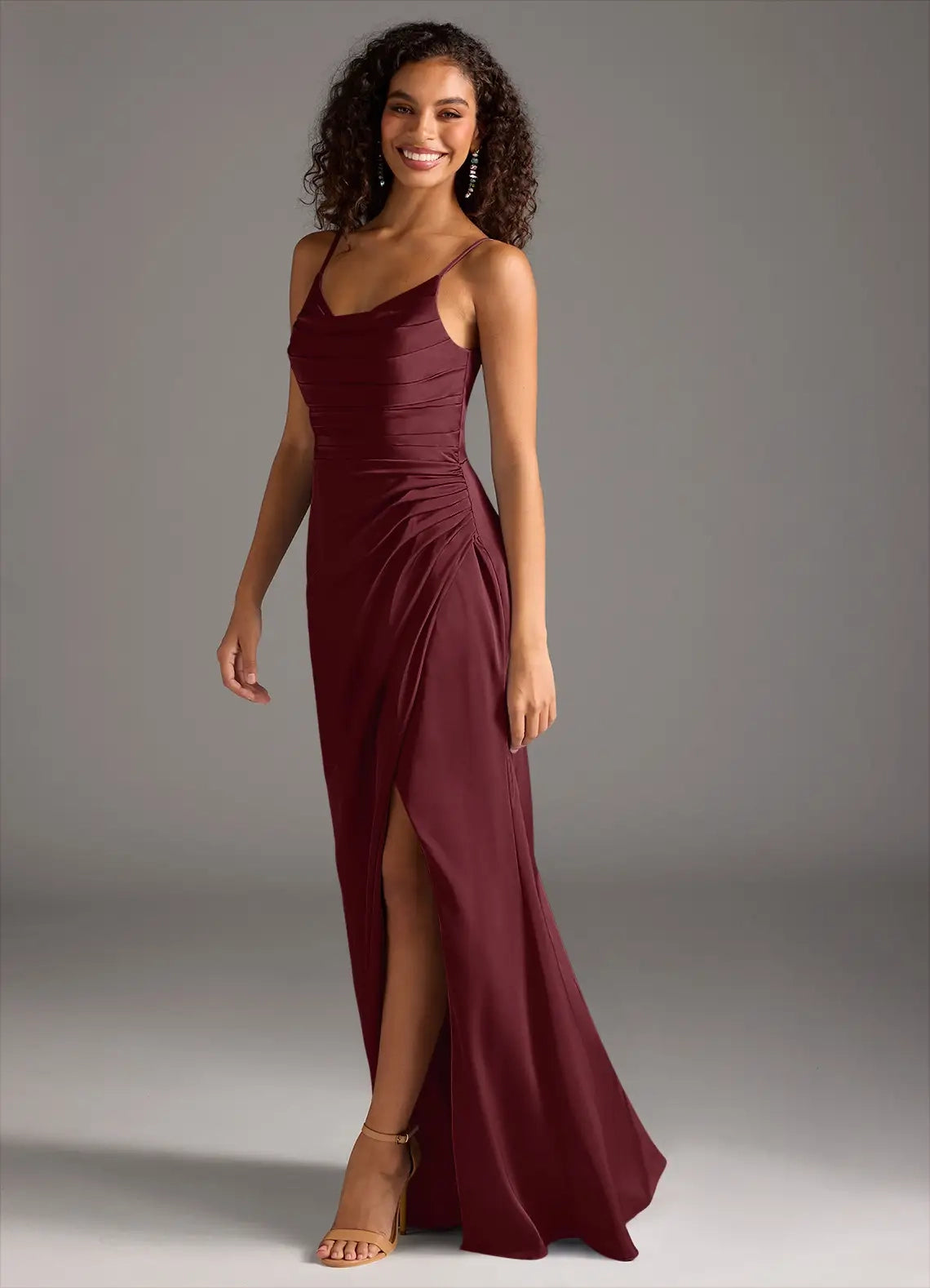 Burgundy Spaghetti Strap Maxi Dress with Side Slit and Ruched Detail Cabernet Mermaid Pleated Stretch Satin Dress Bridesmaid Dresses
