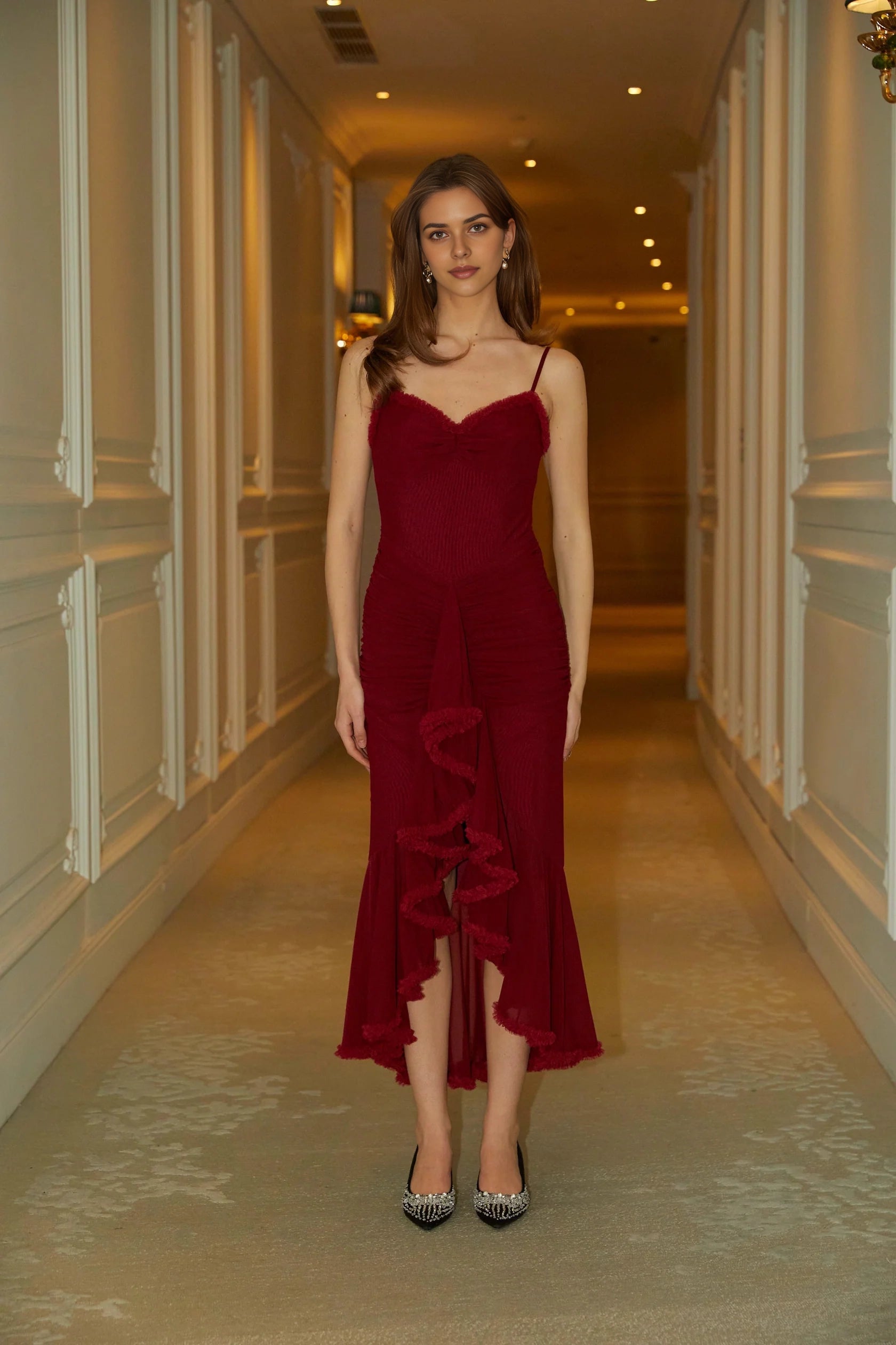 Burgundy Spaghetti Strap Ruffled Midi Dress ruffle draped maxi dress in Red Evening Dress