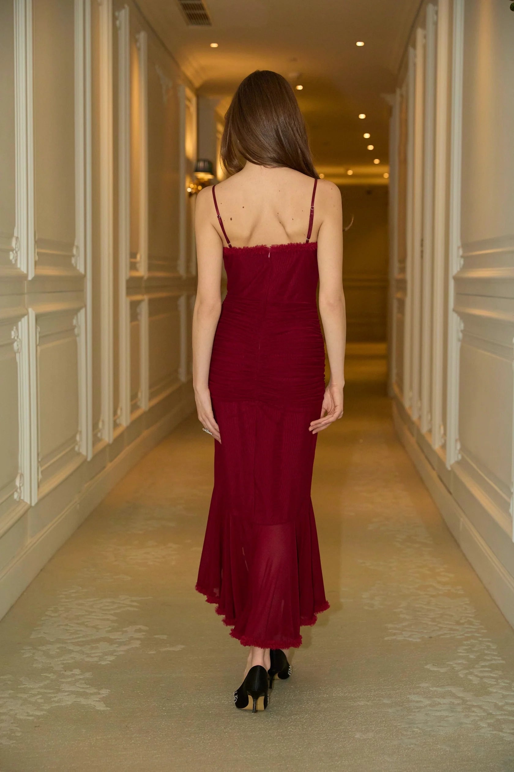 Burgundy Spaghetti Strap Ruffled Midi Dress ruffle draped maxi dress in Red Evening Dress