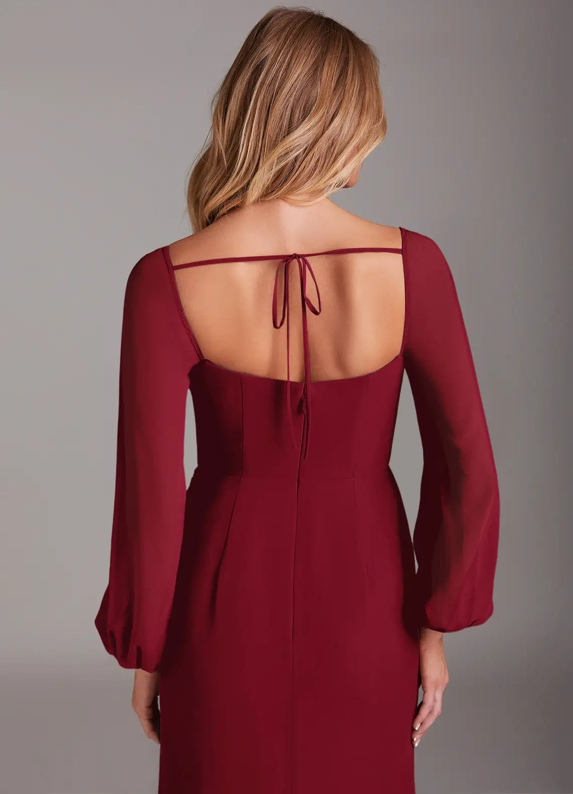 Burgundy Square Neck Long Sleeve Maxi Dress with Side Slit Sheath Long Sleeve Chiffon Dress Bridesmaid Dresses