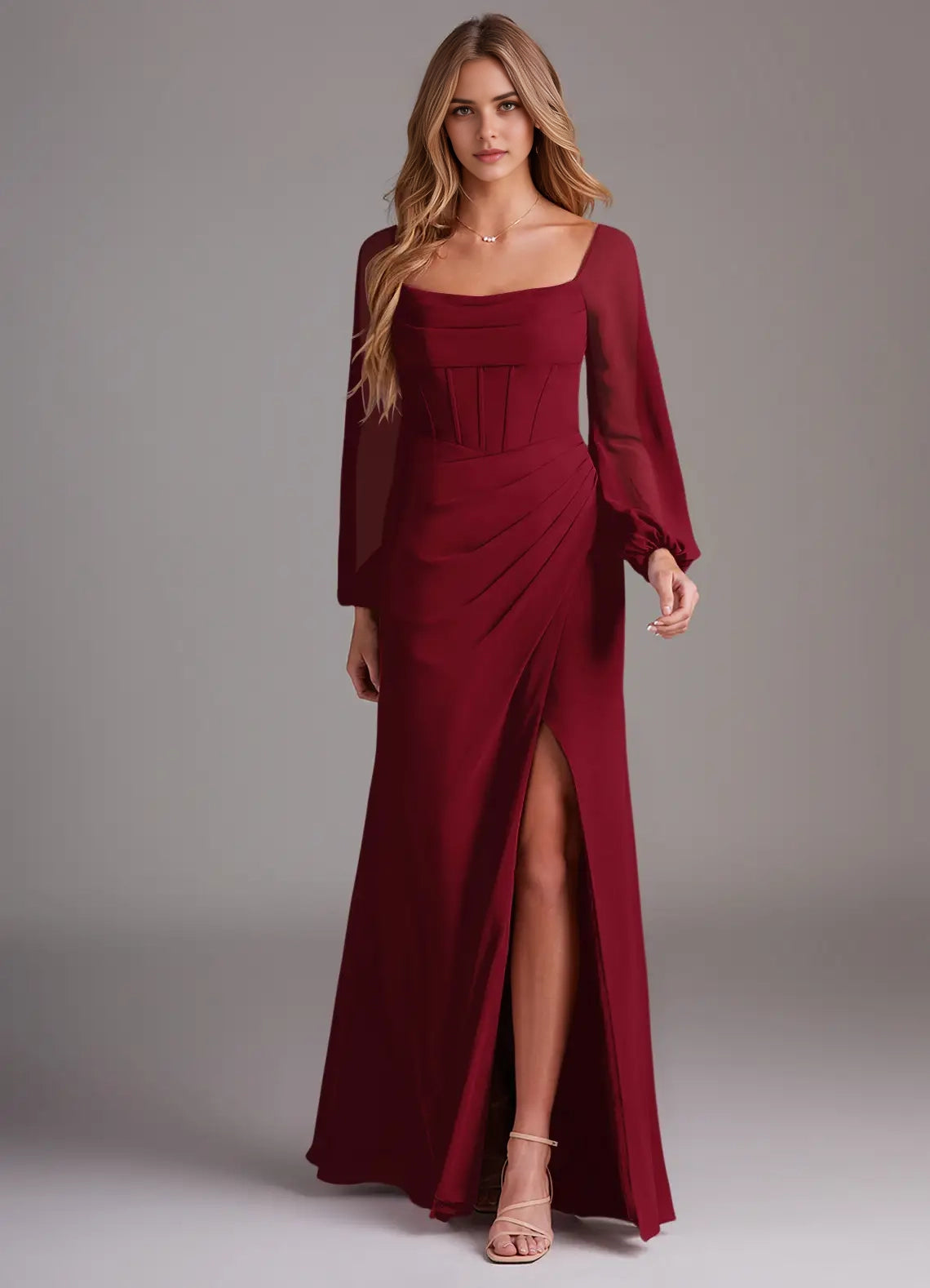 Burgundy Square Neck Long Sleeve Maxi Dress with Side Slit Sheath Long Sleeve Chiffon Dress Bridesmaid Dresses