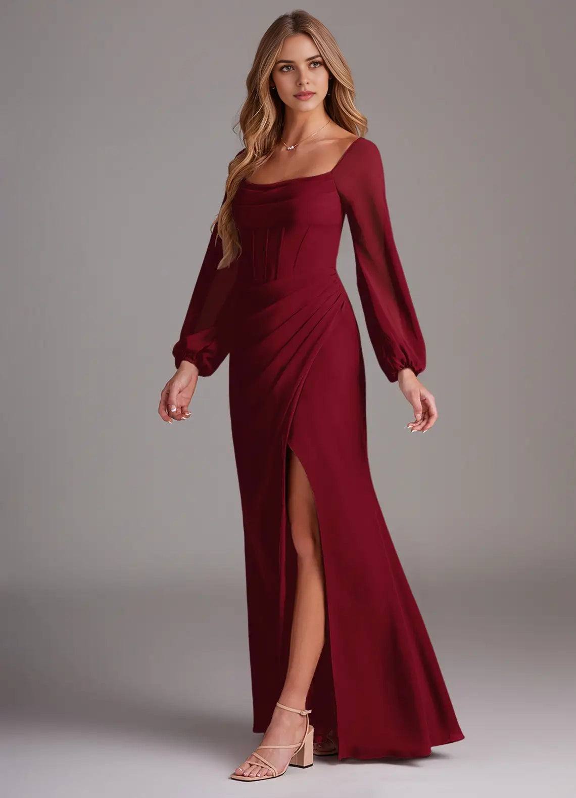 Burgundy Square Neck Long Sleeve Maxi Dress with Side Slit Sheath Long Sleeve Chiffon Dress Bridesmaid Dresses