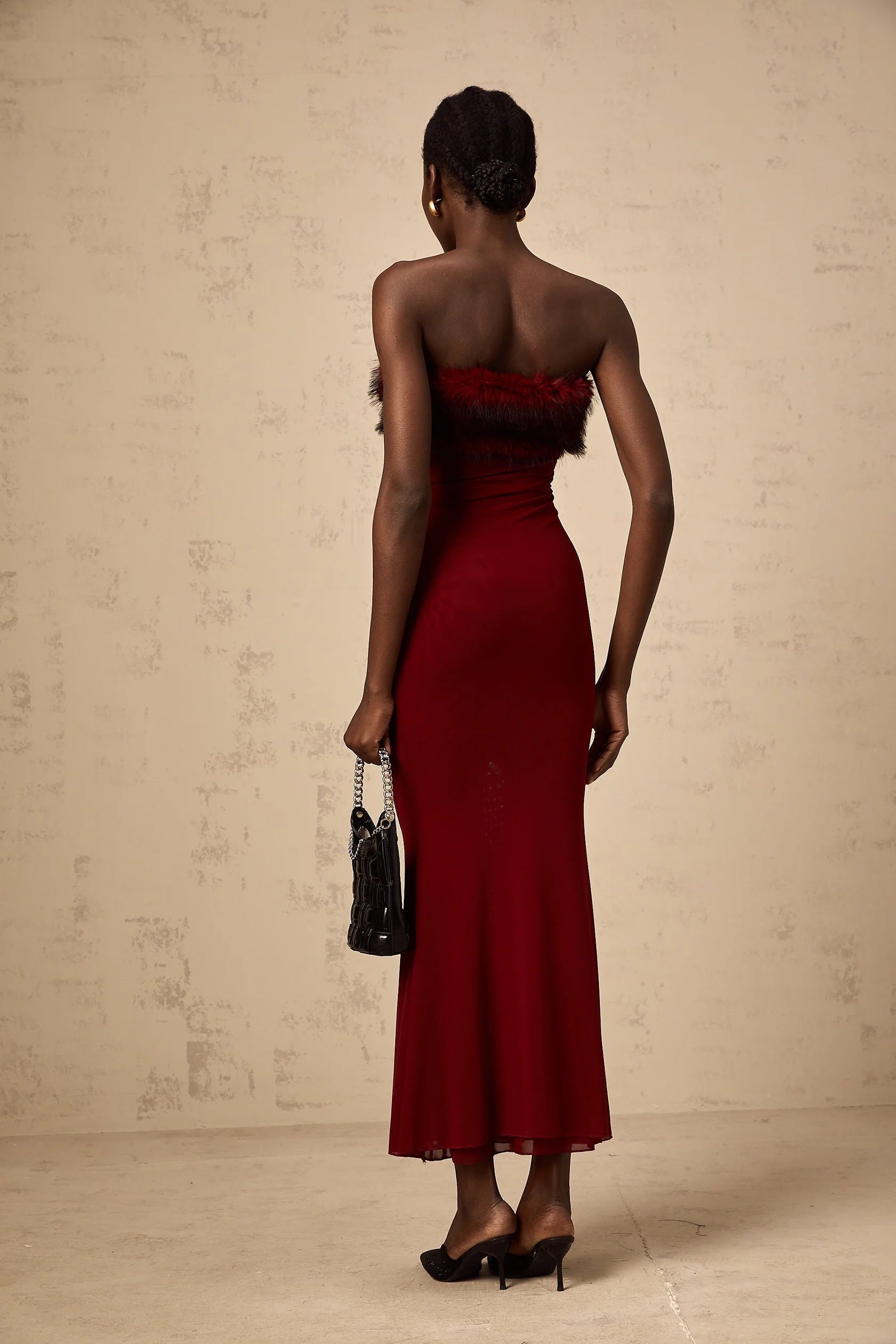 Burgundy Strapless Faux Fur Trim Dress Pauline red faux-fur off-shoulder mesh dress