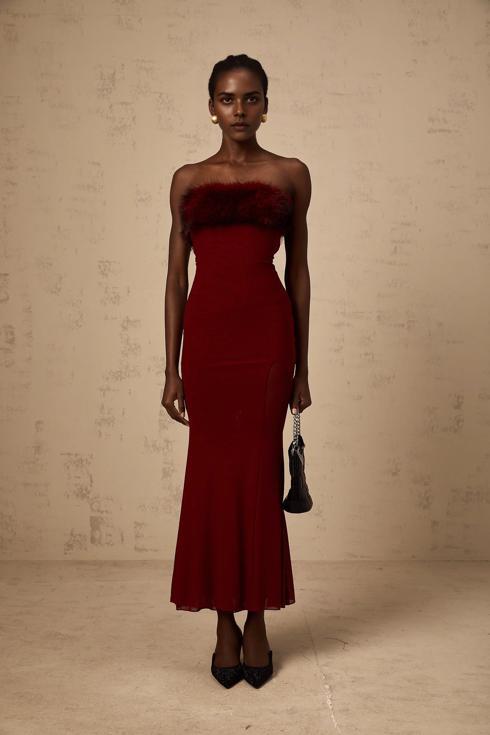 Burgundy Strapless Faux Fur Trim Dress Pauline red faux-fur off-shoulder mesh dress