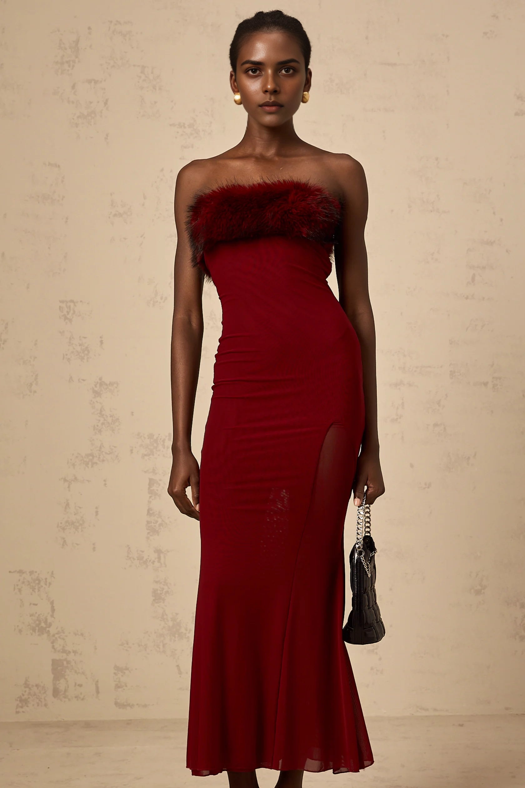 Burgundy Strapless Faux Fur Trim Dress Pauline red faux-fur off-shoulder mesh dress