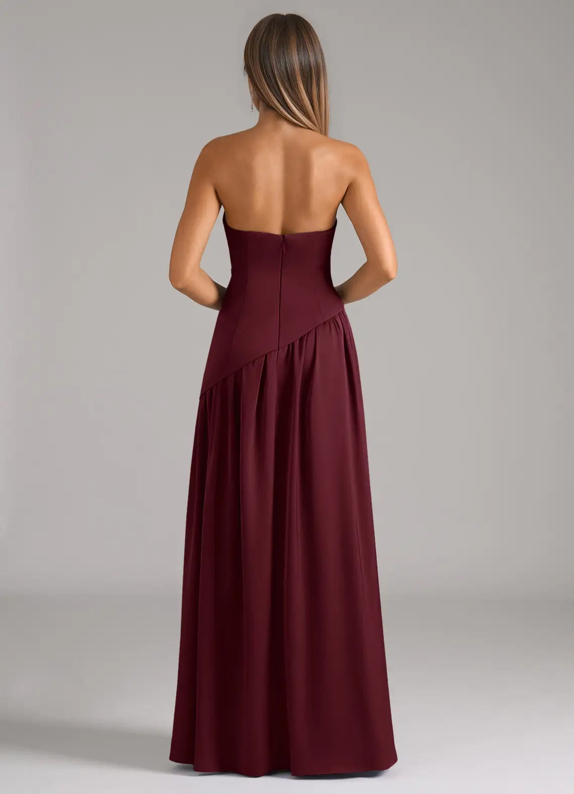 Burgundy Strapless Maxi Dress with Asymmetric Detail and Side Slit A-Line Strapless Stretch Satin Convertible Dress Bridesmaid Dresses