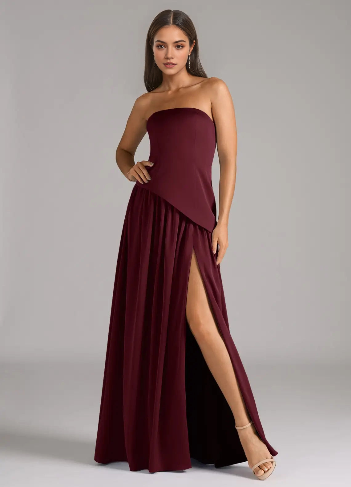 Burgundy Strapless Maxi Dress with Asymmetric Detail and Side Slit A-Line Strapless Stretch Satin Convertible Dress Bridesmaid Dresses