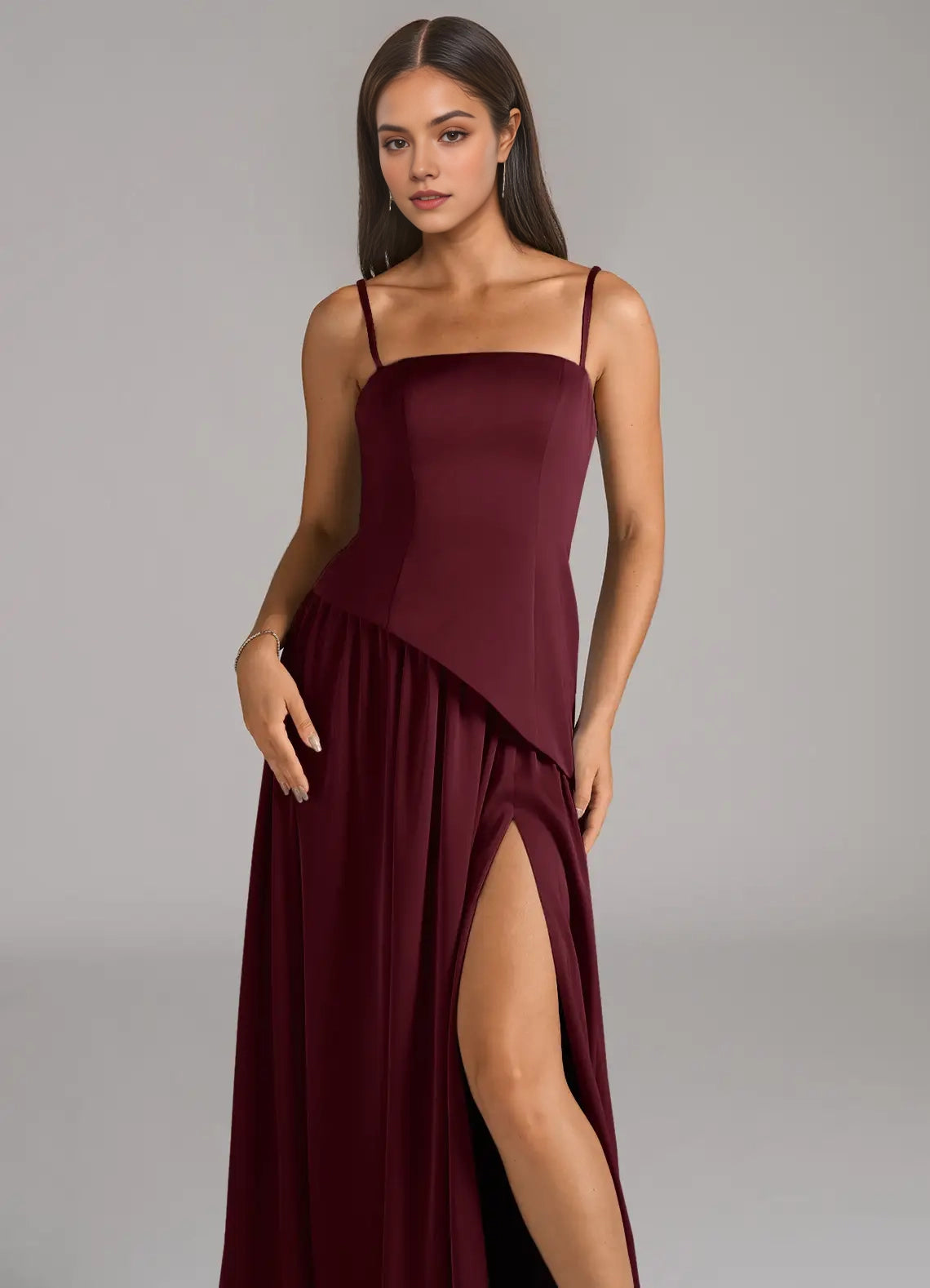 Burgundy Strapless Maxi Dress with Asymmetric Detail and Side Slit A-Line Strapless Stretch Satin Convertible Dress Bridesmaid Dresses