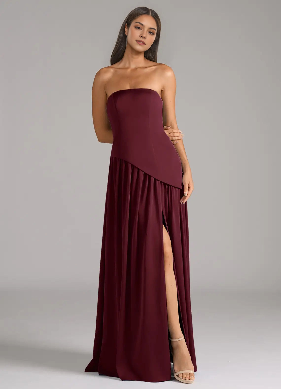Burgundy Strapless Maxi Dress with Asymmetric Detail and Side Slit A-Line Strapless Stretch Satin Convertible Dress Bridesmaid Dresses