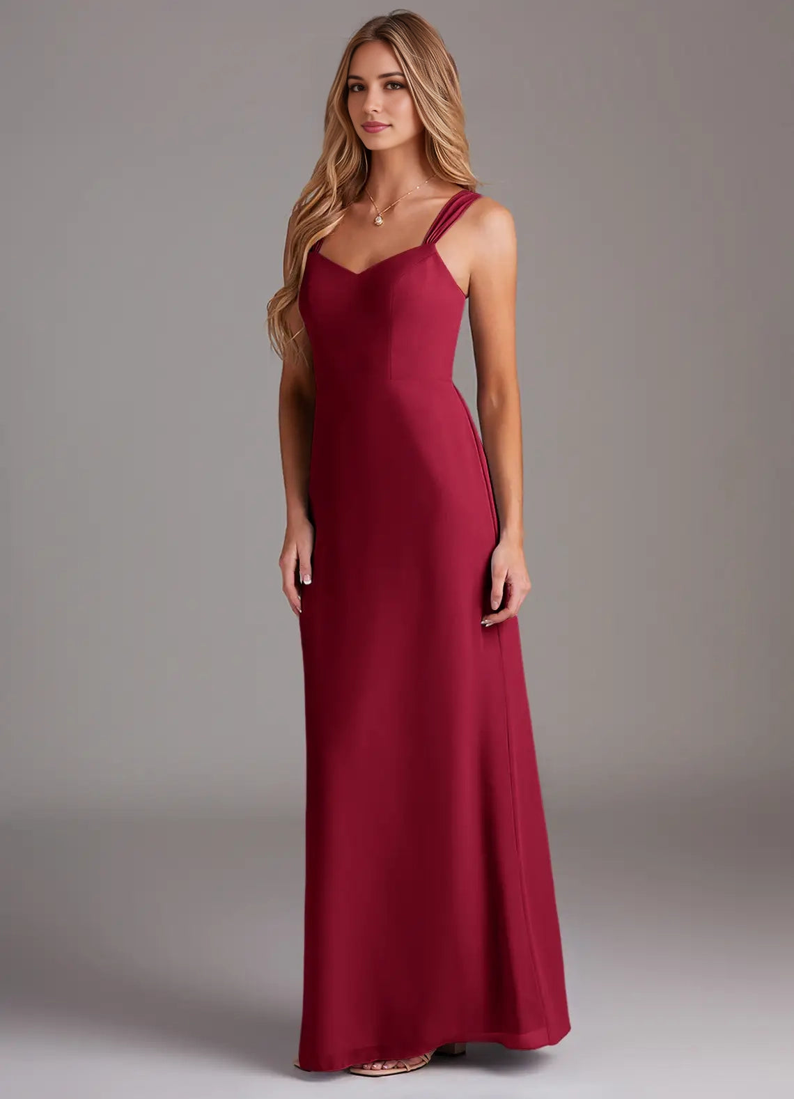 Burgundy Sweetheart Neck Bridesmaid Dress with Square Straps  Sheath Pleated Chiffon Dress Bridesmaid Dresses