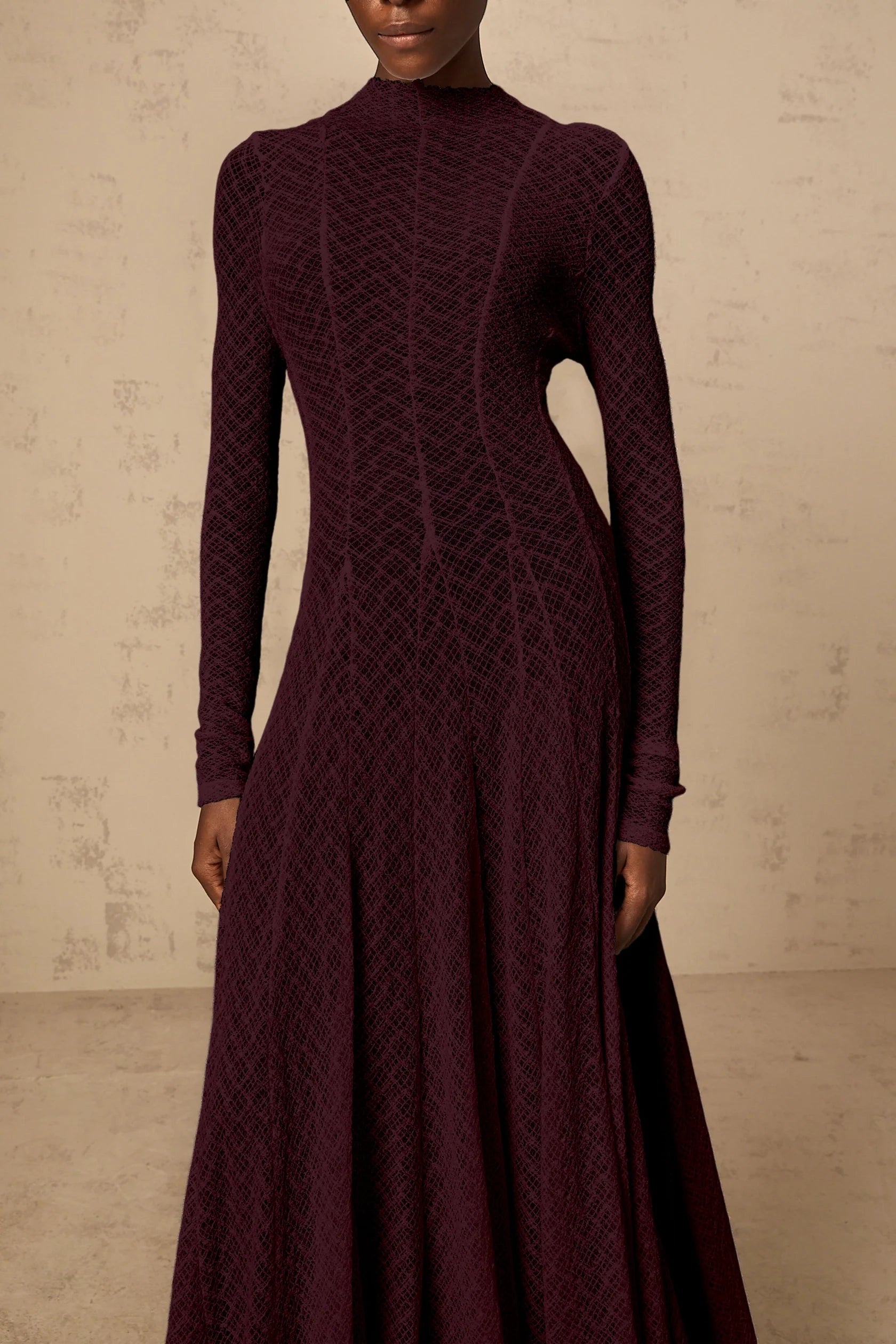 Burgundy Textured Knit Mock Neck Maxi Dress Athena wavy-pattern lace maxi dress in Red Evening Dress