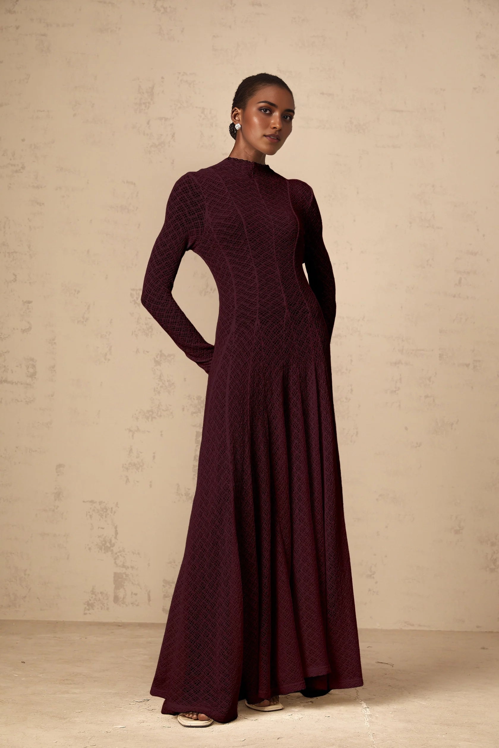 Burgundy Textured Knit Mock Neck Maxi Dress Athena wavy-pattern lace maxi dress in Red Evening Dress