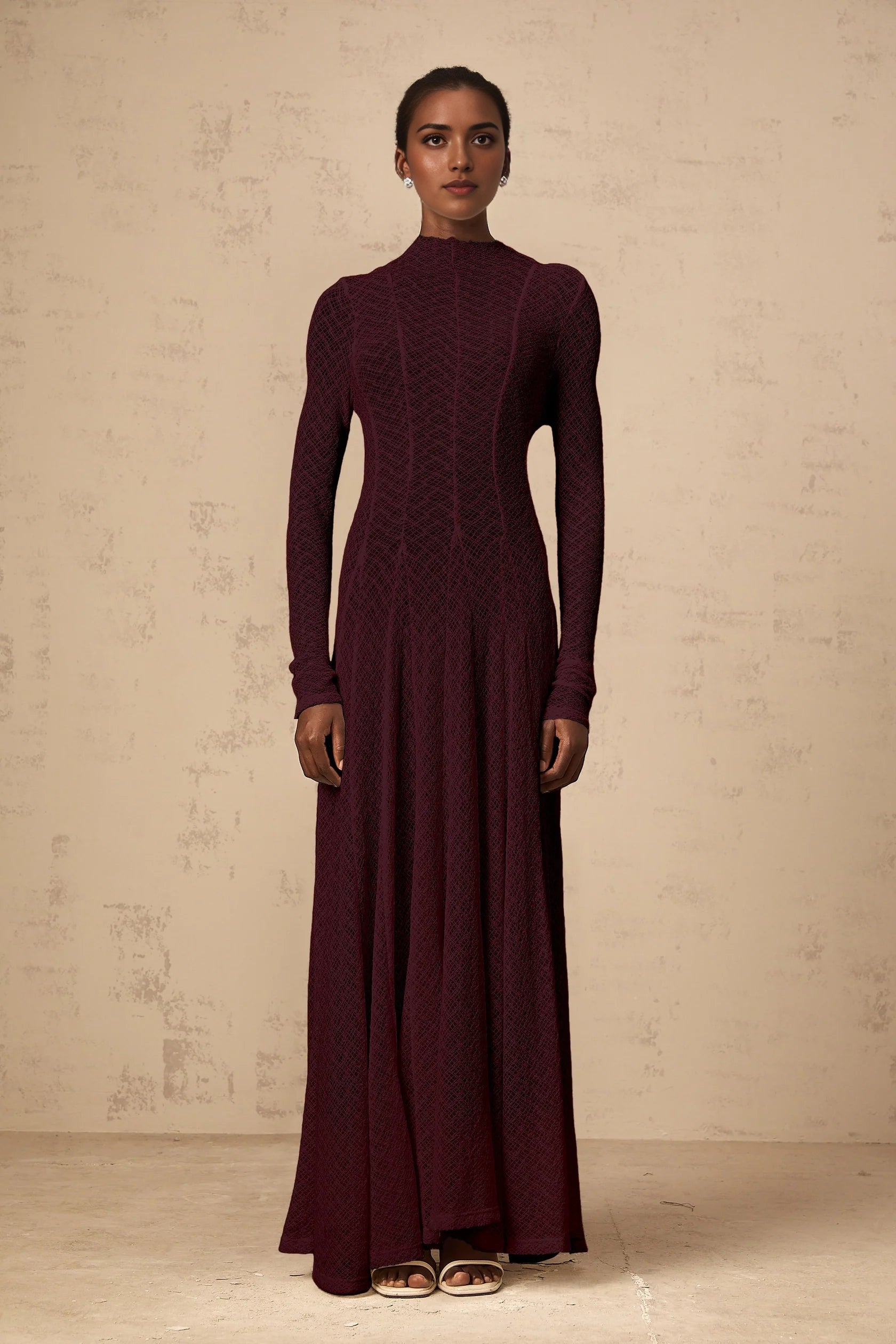 Burgundy Textured Knit Mock Neck Maxi Dress Athena wavy-pattern lace maxi dress in Red Evening Dress