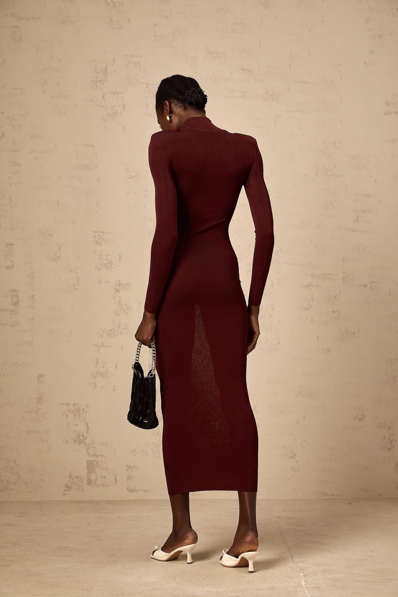 Burgundy Turtleneck Sheer Panel Midi Dress red semi-sheer knitted midi dress Evening Dress