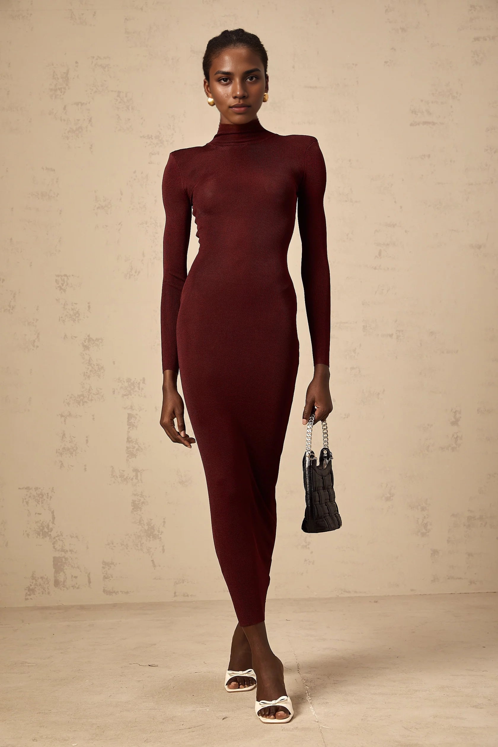 Burgundy Turtleneck Sheer Panel Midi Dress red semi-sheer knitted midi dress Evening Dress