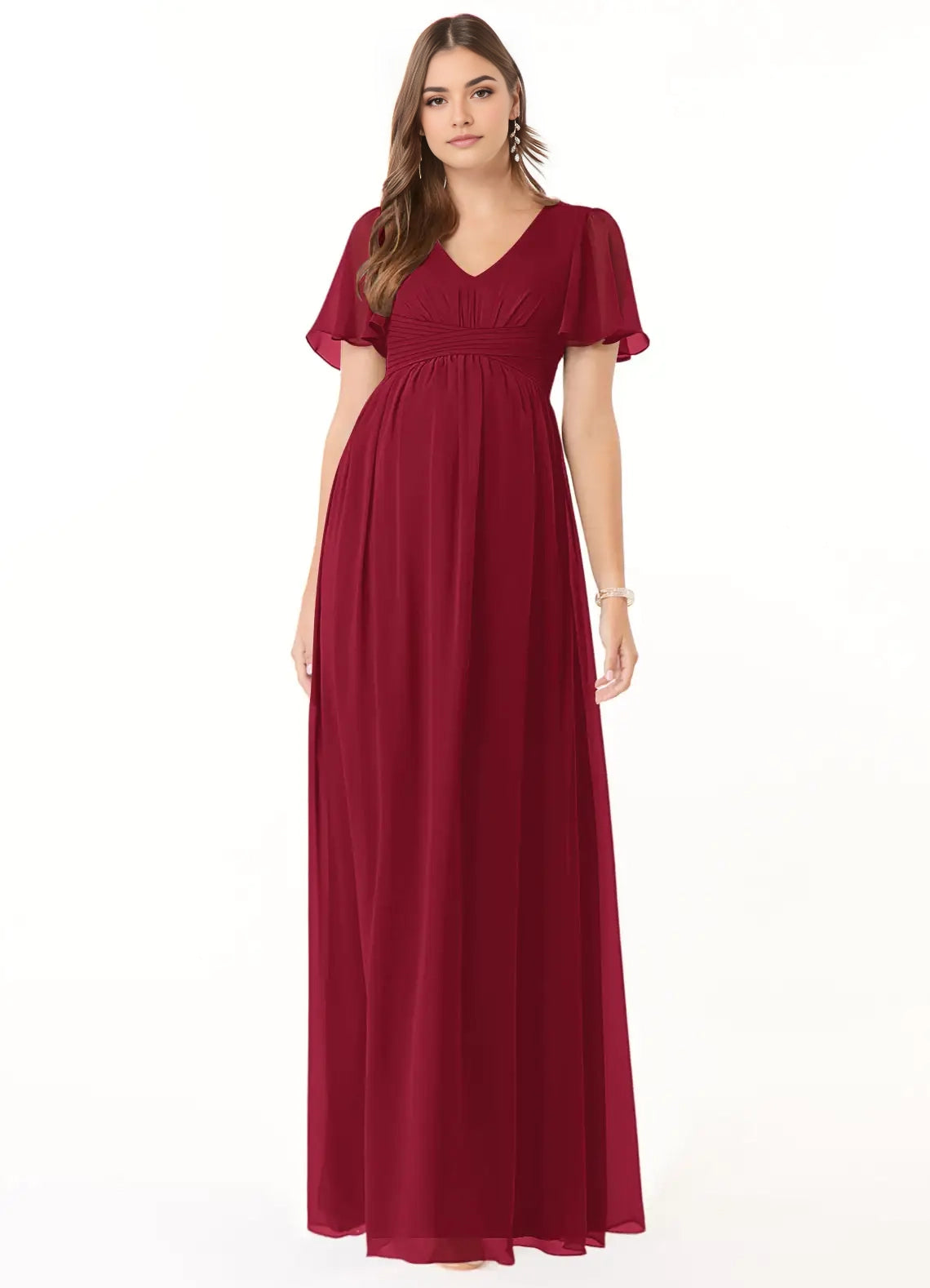 Burgundy V-Neck Chiffon Maternity Maxi Dress with Flutter Sleeves A-Line V-Neck Ruched Chiffon Floor-Length Dress Burgundy Bridesmaid Dresses