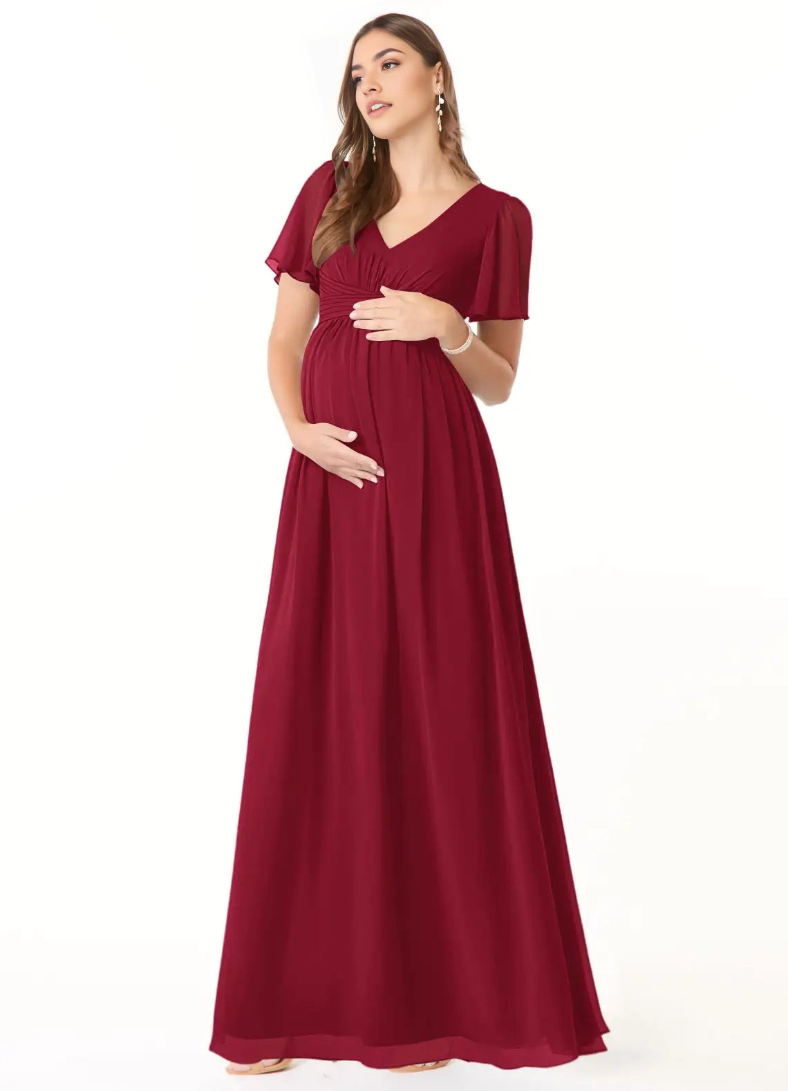 Burgundy V-Neck Chiffon Maternity Maxi Dress with Flutter Sleeves A-Line V-Neck Ruched Chiffon Floor-Length Dress Burgundy Bridesmaid Dresses