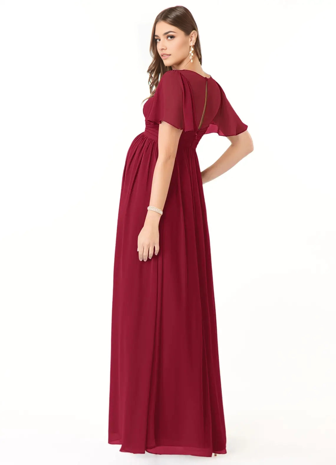 Burgundy V-Neck Chiffon Maternity Maxi Dress with Flutter Sleeves A-Line V-Neck Ruched Chiffon Floor-Length Dress Burgundy Bridesmaid Dresses