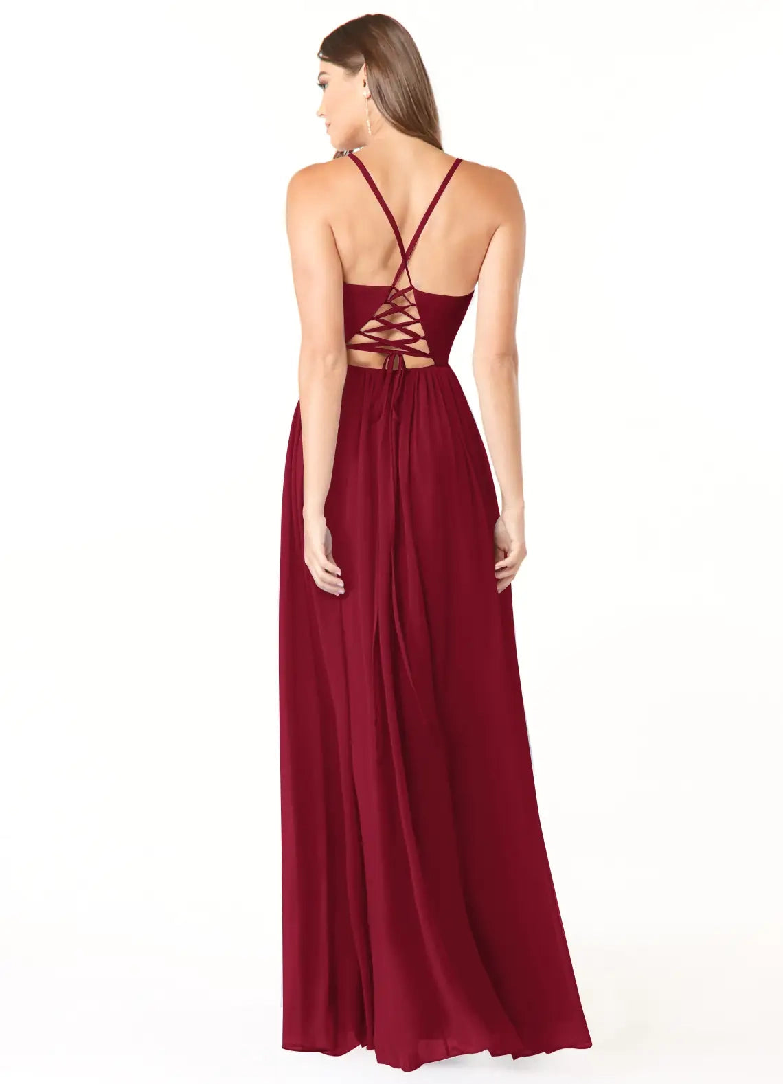 Burgundy V-Neck Maxi Dress with Crisscross Lace-Up Back and Side Slit A-Line Corset Chiffon Dress Bridesmaid Dresses
