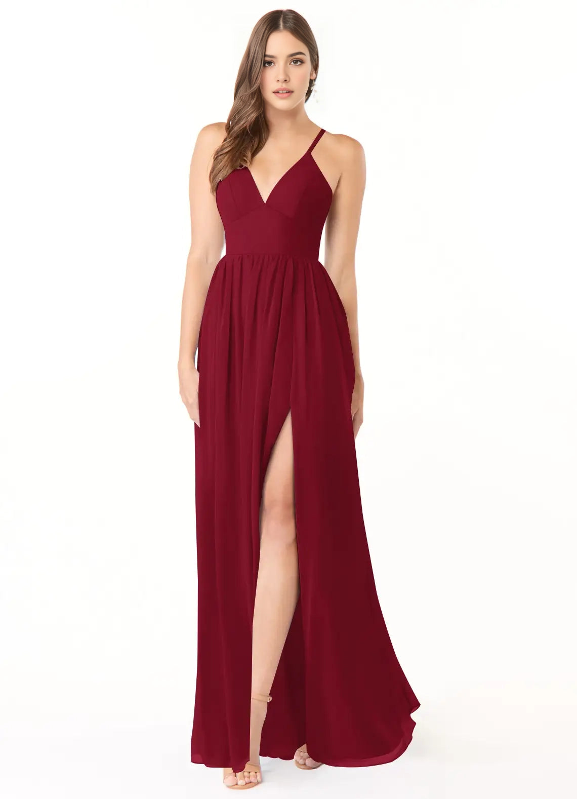 Burgundy V-Neck Maxi Dress with Crisscross Lace-Up Back and Side Slit A-Line Corset Chiffon Dress Bridesmaid Dresses