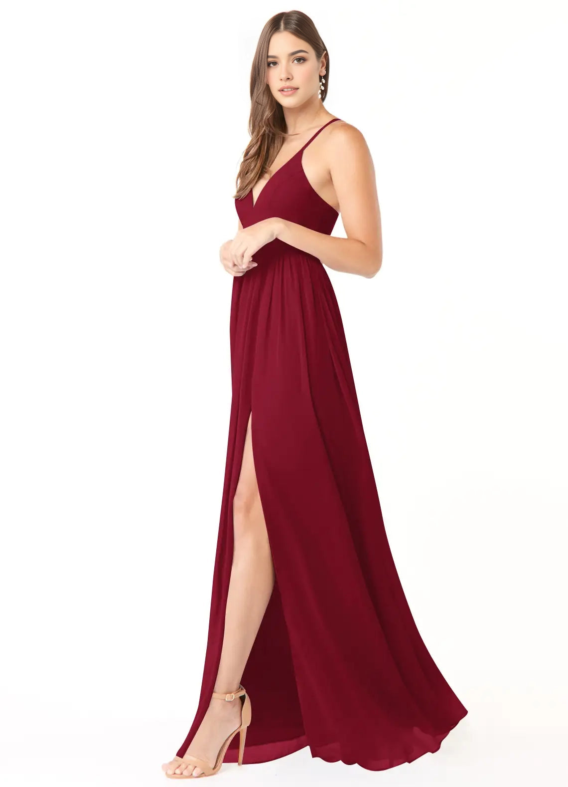 Burgundy V-Neck Maxi Dress with Crisscross Lace-Up Back and Side Slit A-Line Corset Chiffon Dress Bridesmaid Dresses